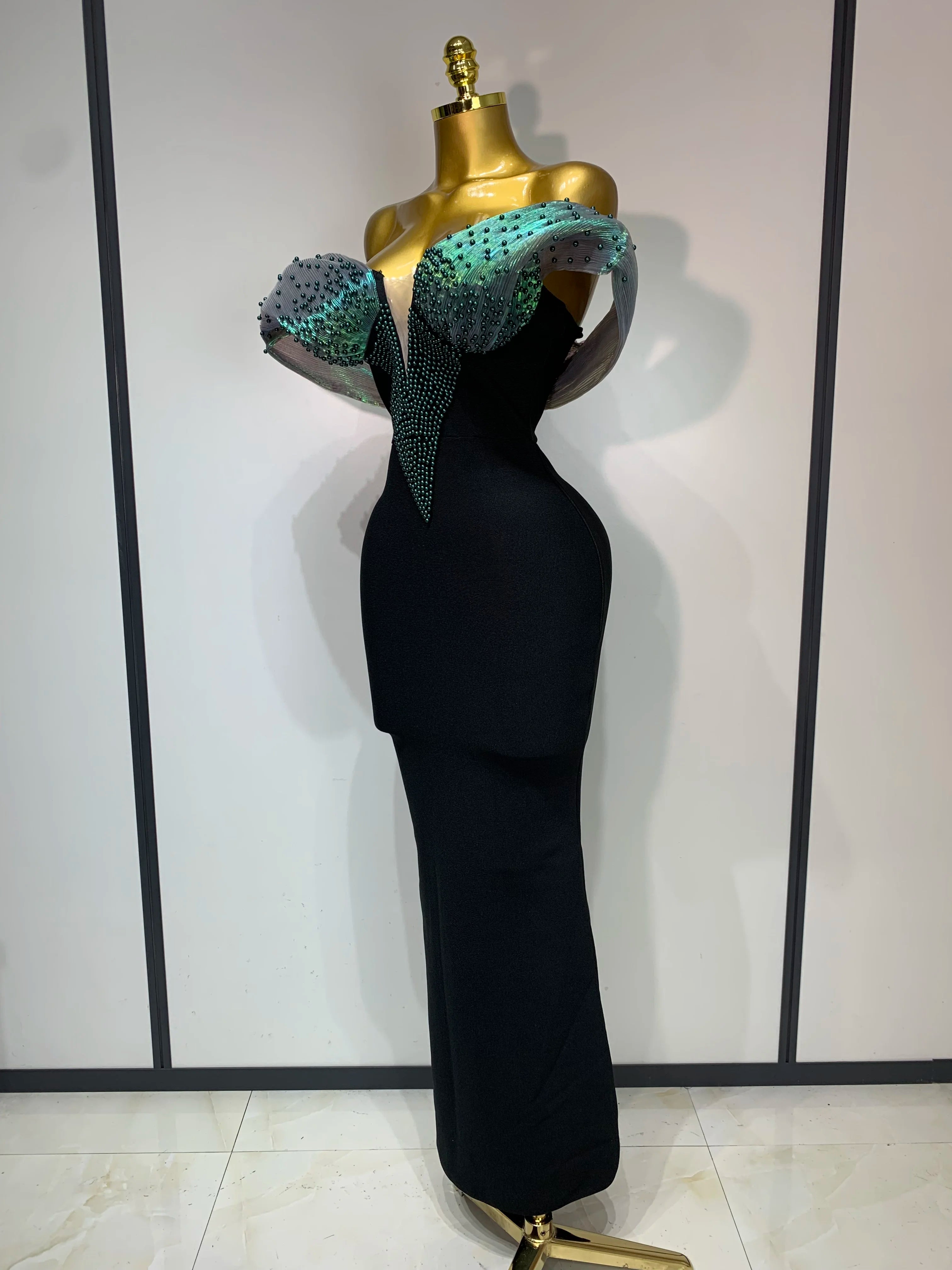 Birthday Outfit Off Shoulder Beading Bodycon Maxi Long Bandage Dress