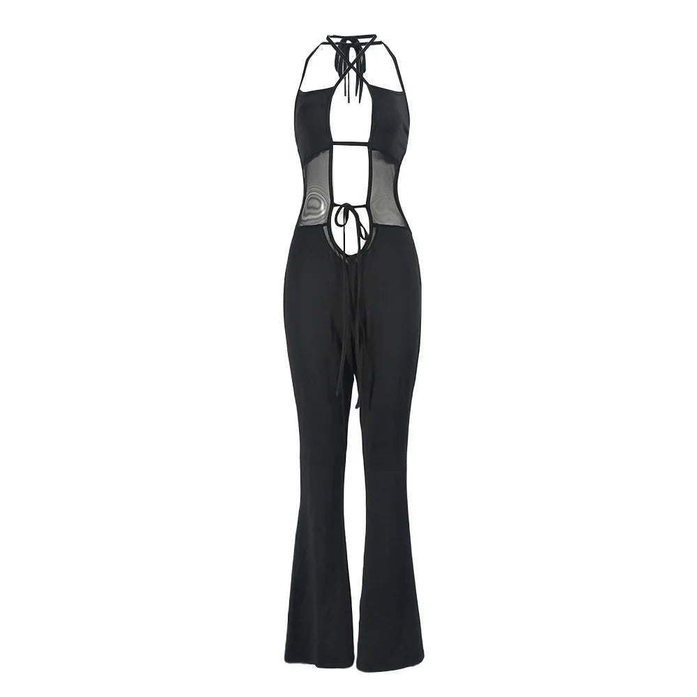 Deep V-Neck Backless Mesh Patchwork Cutout Black Jumpsuits