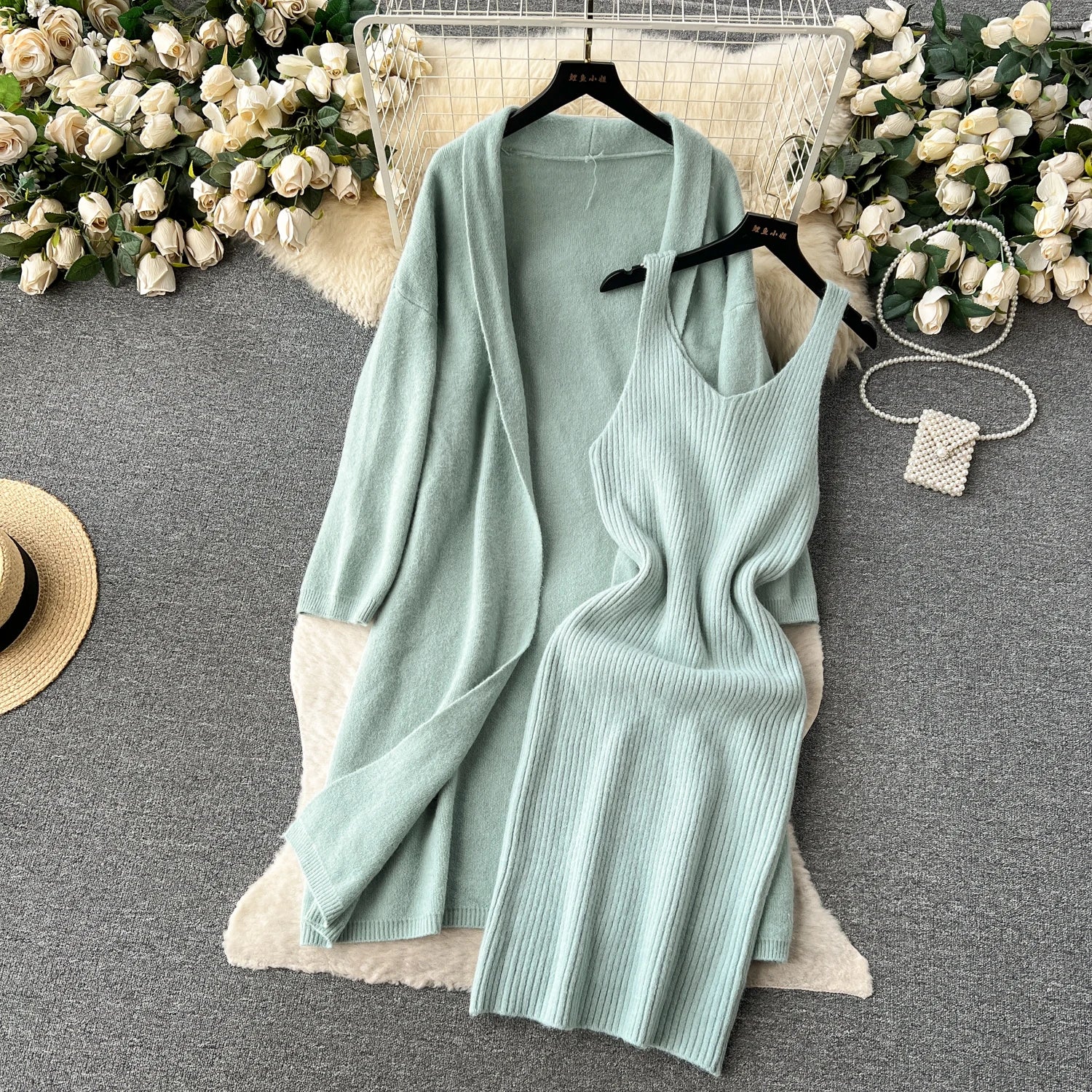 Autumn Thick Warm Knitted Suits Knit Dress+Loose Long Cardigans Sweater Casual Two Pieces Sets