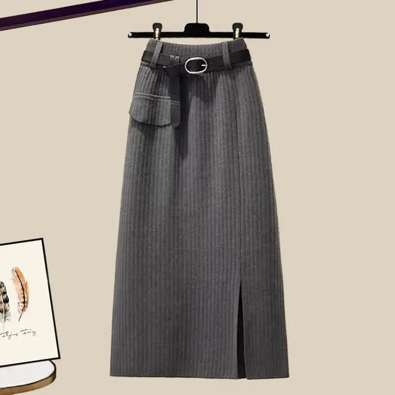 Long Sleeve O Neck Ribbed Top+Midi Skirt Dress Two Piece Sets