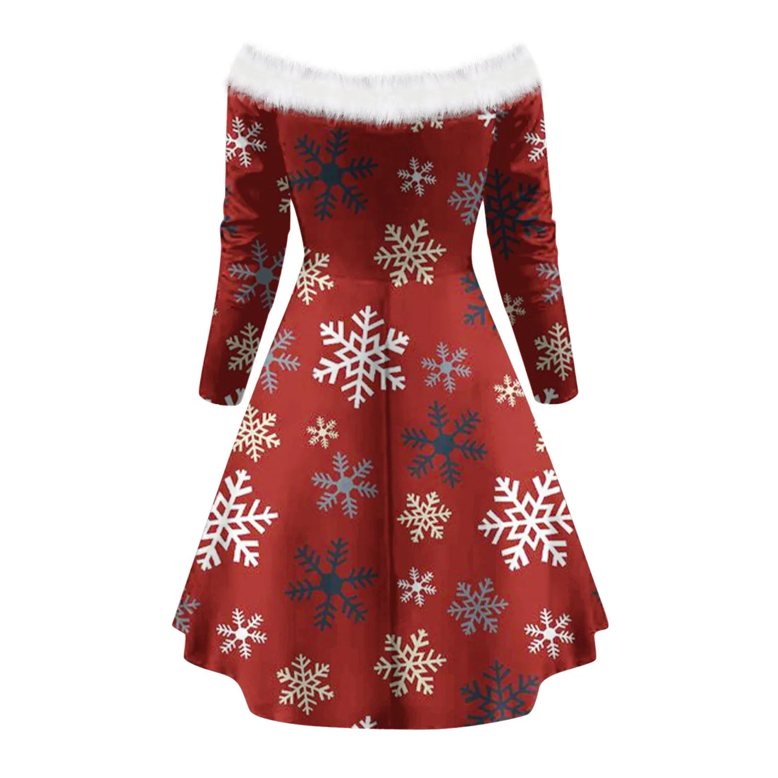 Elegant Snowflake Off Shoulder Long Sleeve Faux Fur Collar Christmas Dress