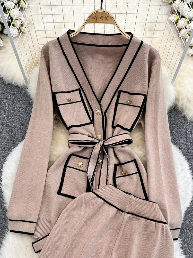 Long-Sleeve Lace-Up Waist Mid-Length V-Neck Knitted Cardigan Coat+ Wide-Leg Pants Knit Two Piece Set