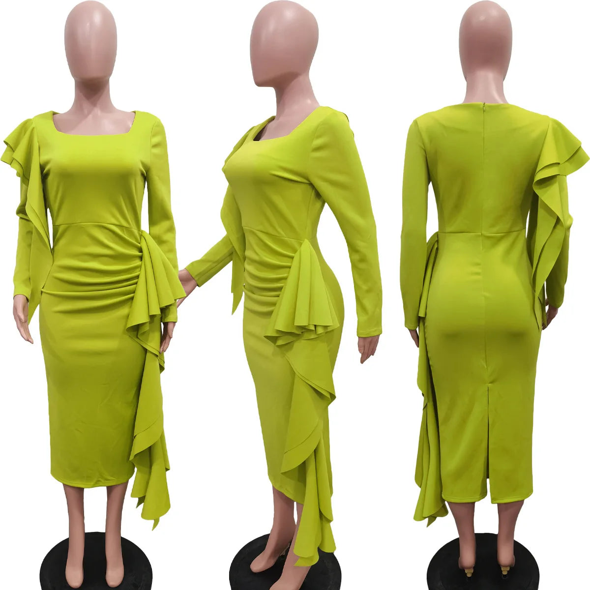 Long Sleeve U-neck Ruffles Draped Ruched Bodycon Pencil Midi Dress