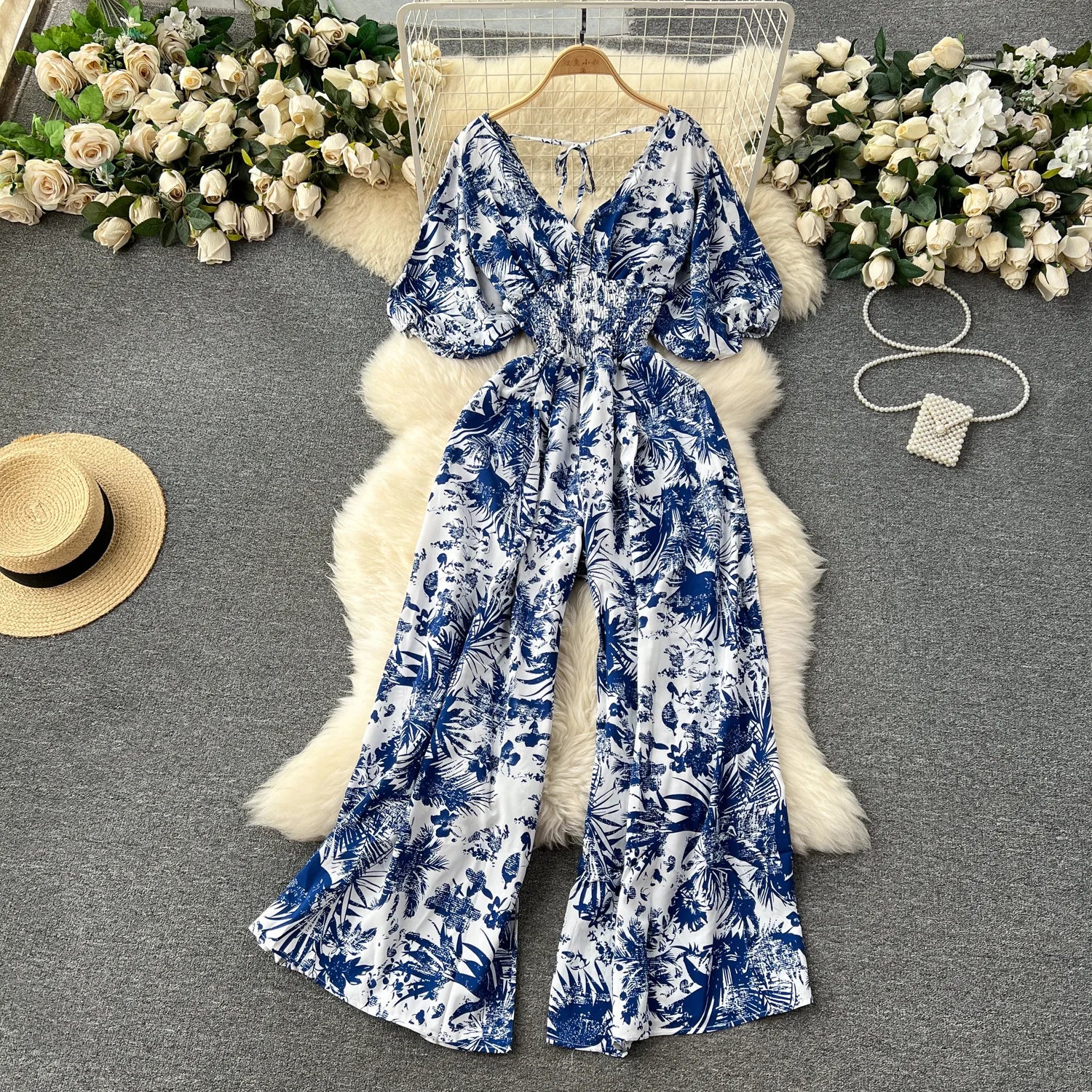 V Neck Dolman Sleeves Floral Print Wide Leg Jumpsuit