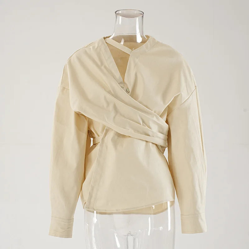 Irregular V-neck Long Sleeve Shirt Chic Elegant Blouse