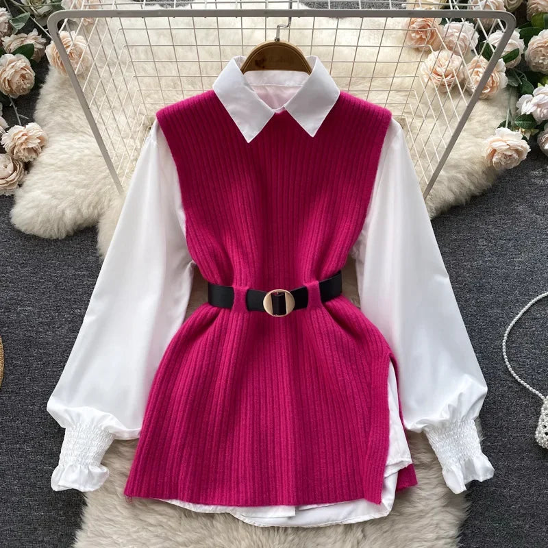 Luxury Style Loose-fit Long Sleeve White Shirt Side Slit Knit Vest 2-piece Set