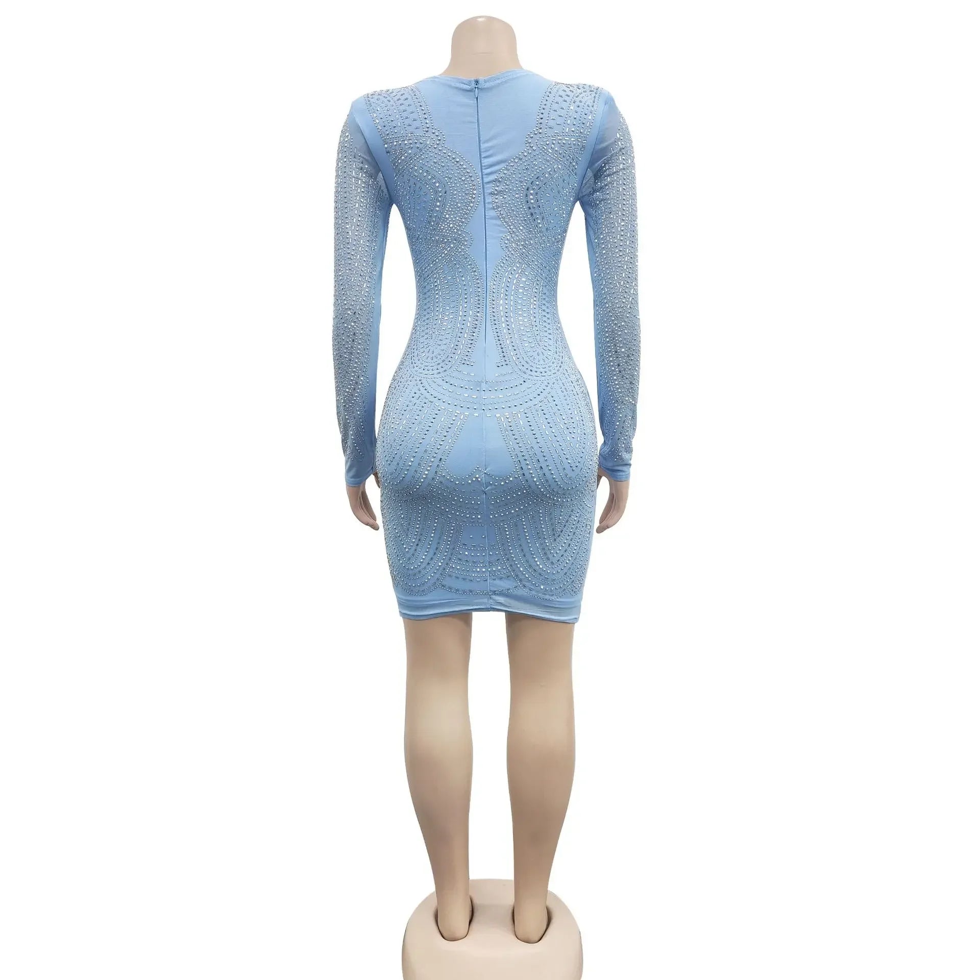 Diamond Mesh Bandage O Neck Long Sleeve Bodycon Mini Dress