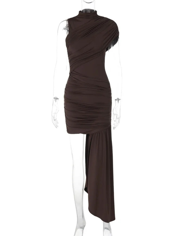 Elegant Turtleneck Sleeveless High Waist Pleated Irregular Draped Ruched Sexy Mini Dress