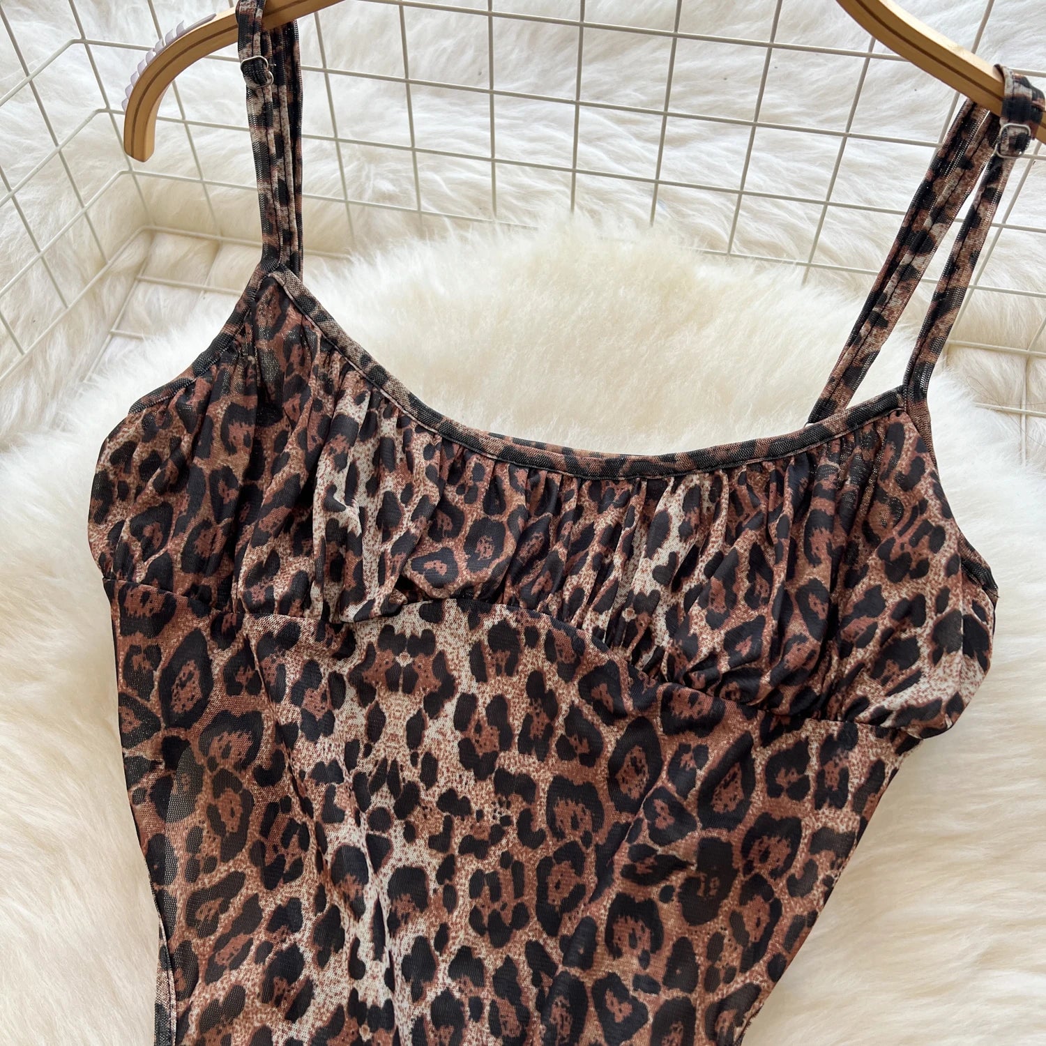 Leopard Strap Tops+Elastic Waist Flared Pants Set
