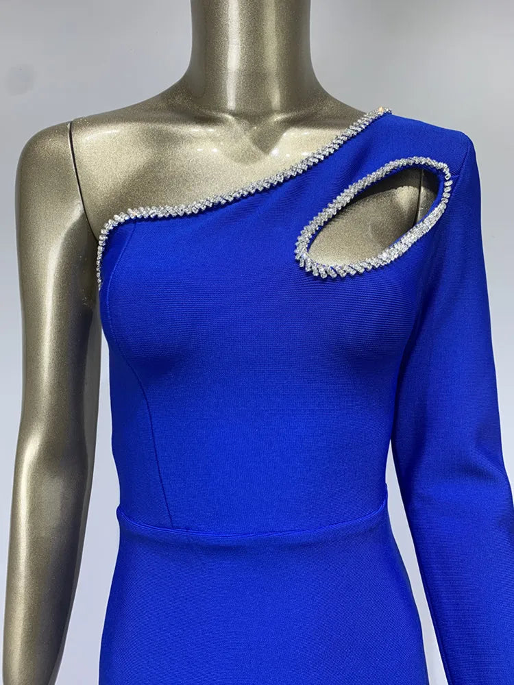 One Shoulder Single Sleeve Blue Diamonds Mid-Calf Bandage Dress