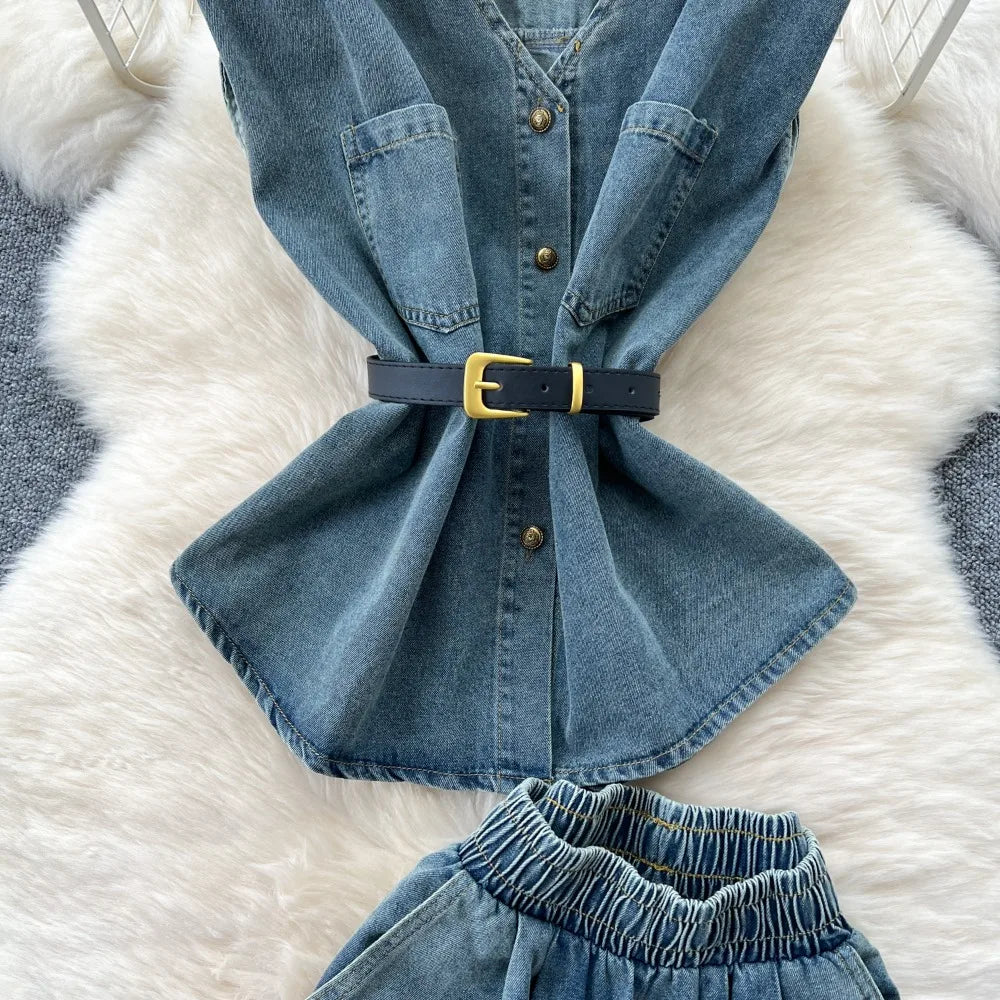 Casual Lace Up Slim Waist Denim Tops High Waist  Trousers Two Piece Set