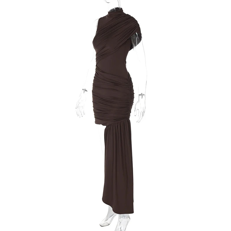 Elegant Turtleneck Sleeveless High Waist Pleated Irregular Draped Ruched Sexy Mini Dress