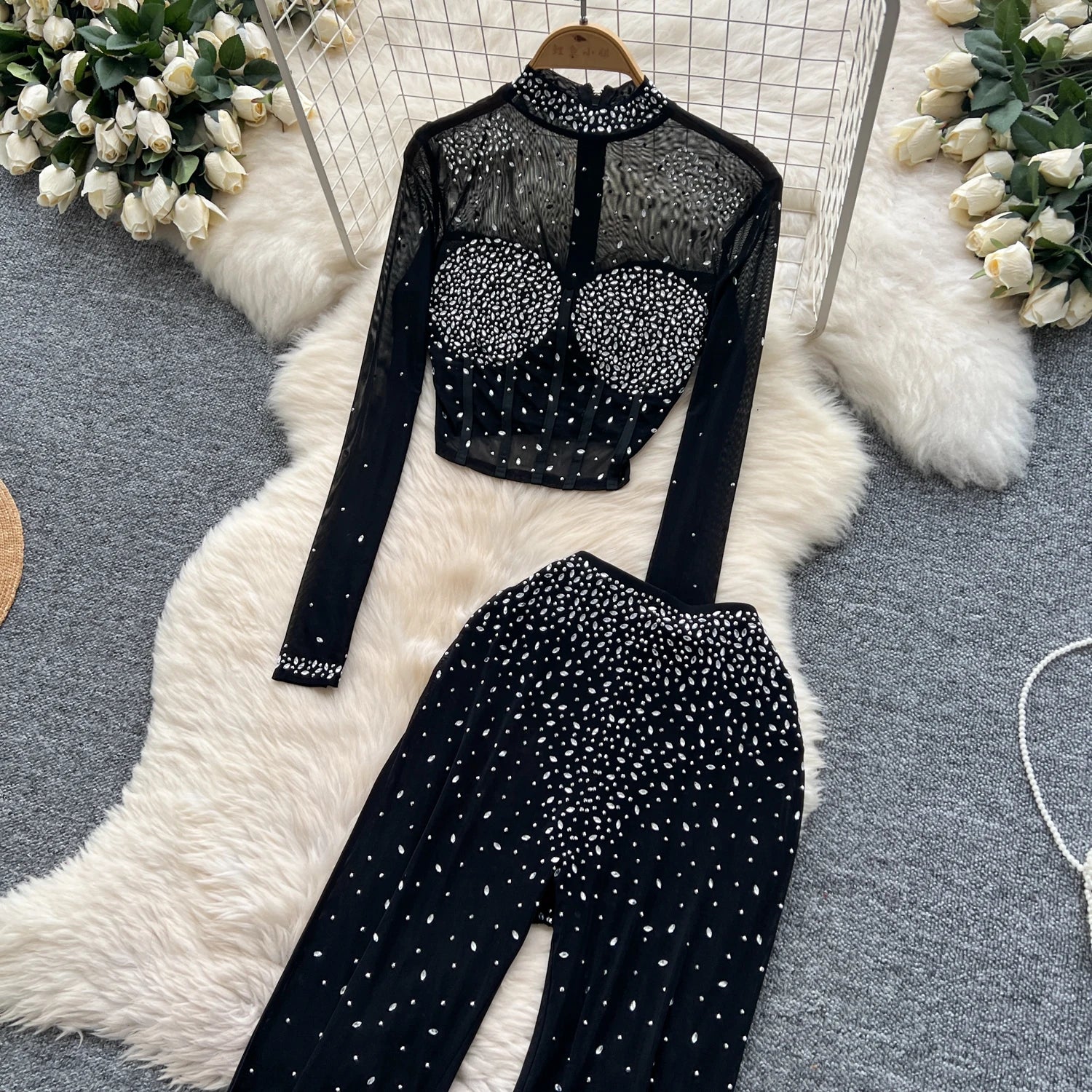 See Through Mesh Rhinestone Chic Two-piece Sets