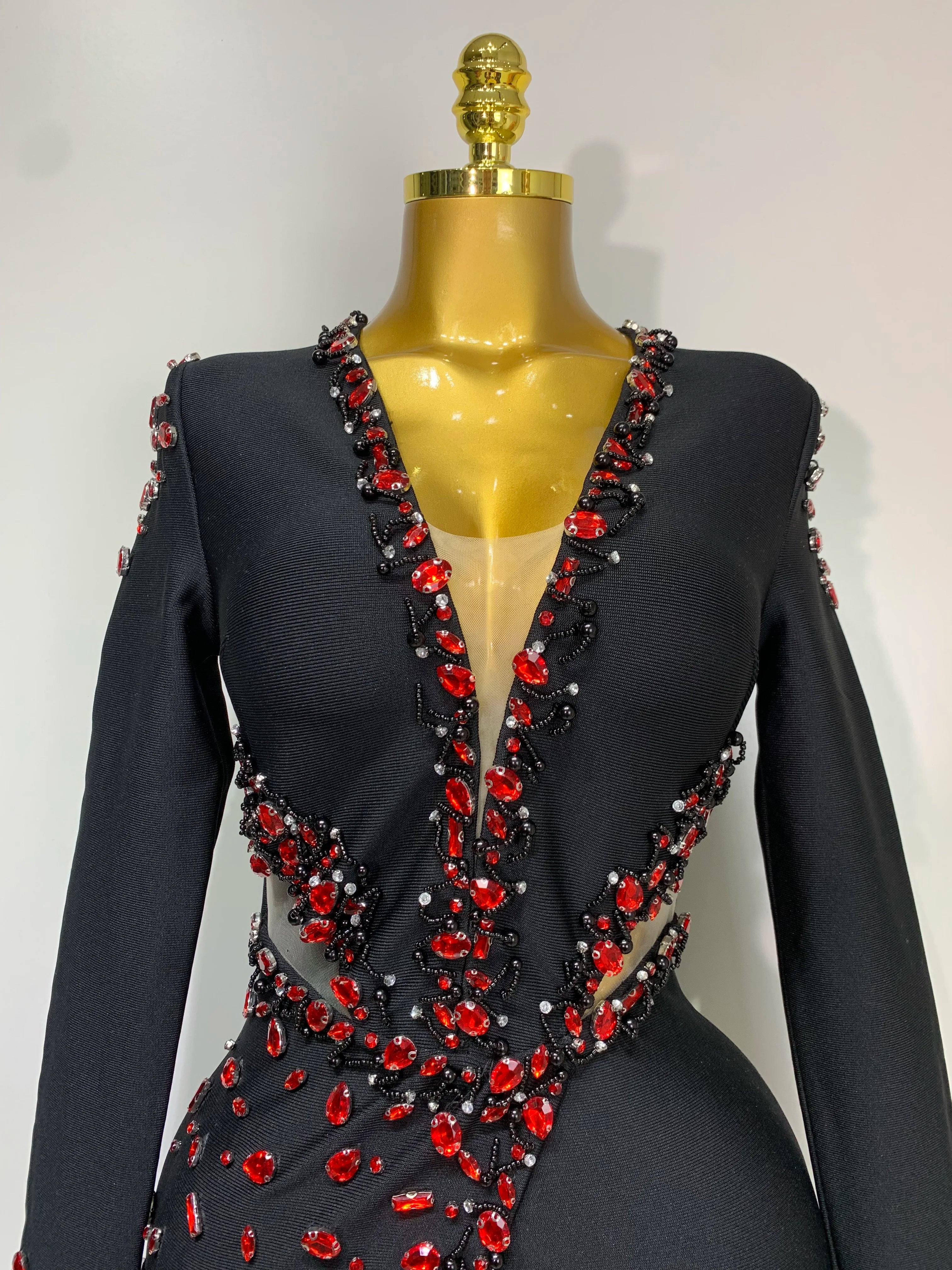 Luxury Long Sleeve V Neck Rhinestone Bandage Dress