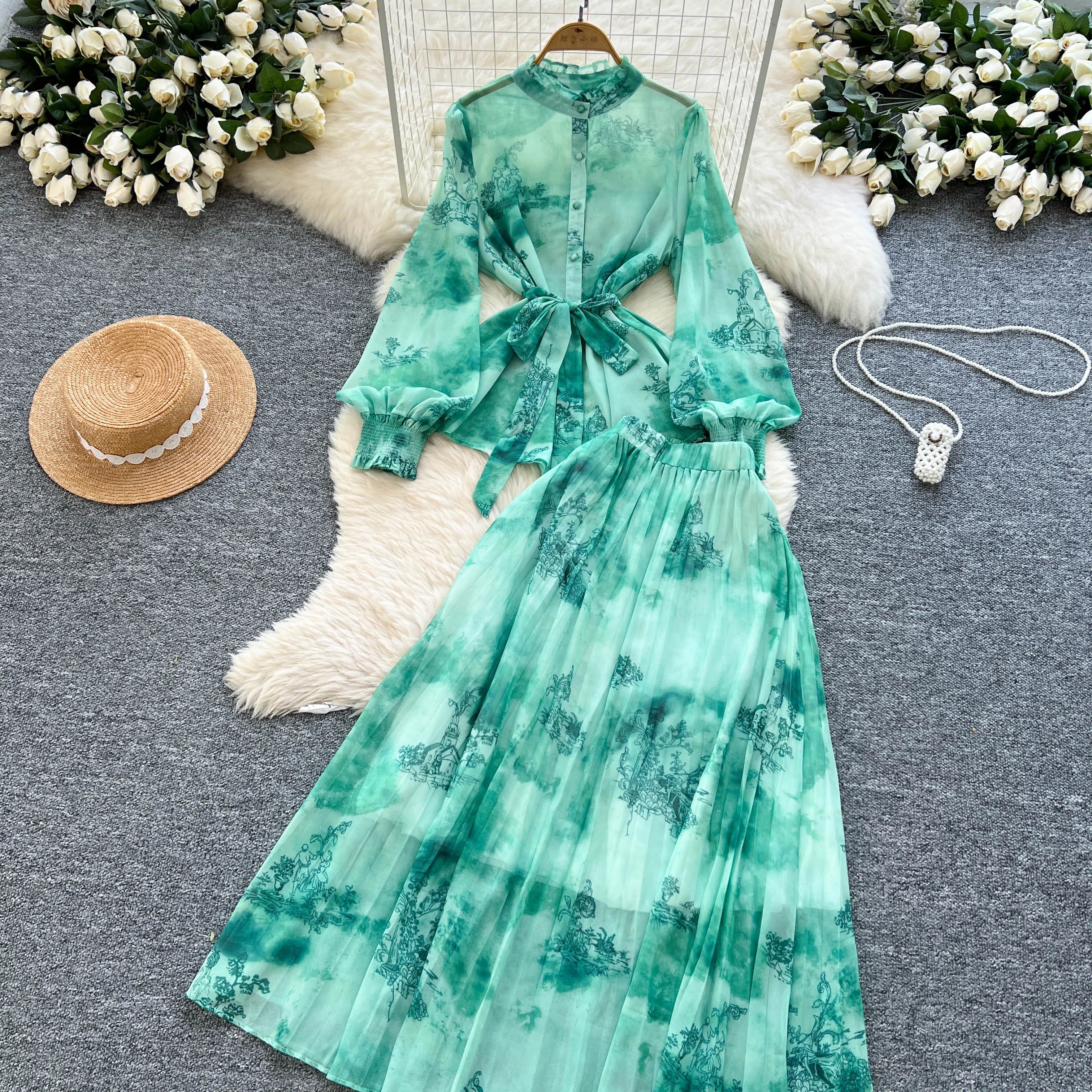 Lantern Sleeves Lace Up Loose Tops+Pleated Skirt Floral Chiffon Sets