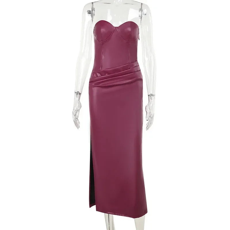 Off Shoulder Strapless PU Leather Maxi Dress