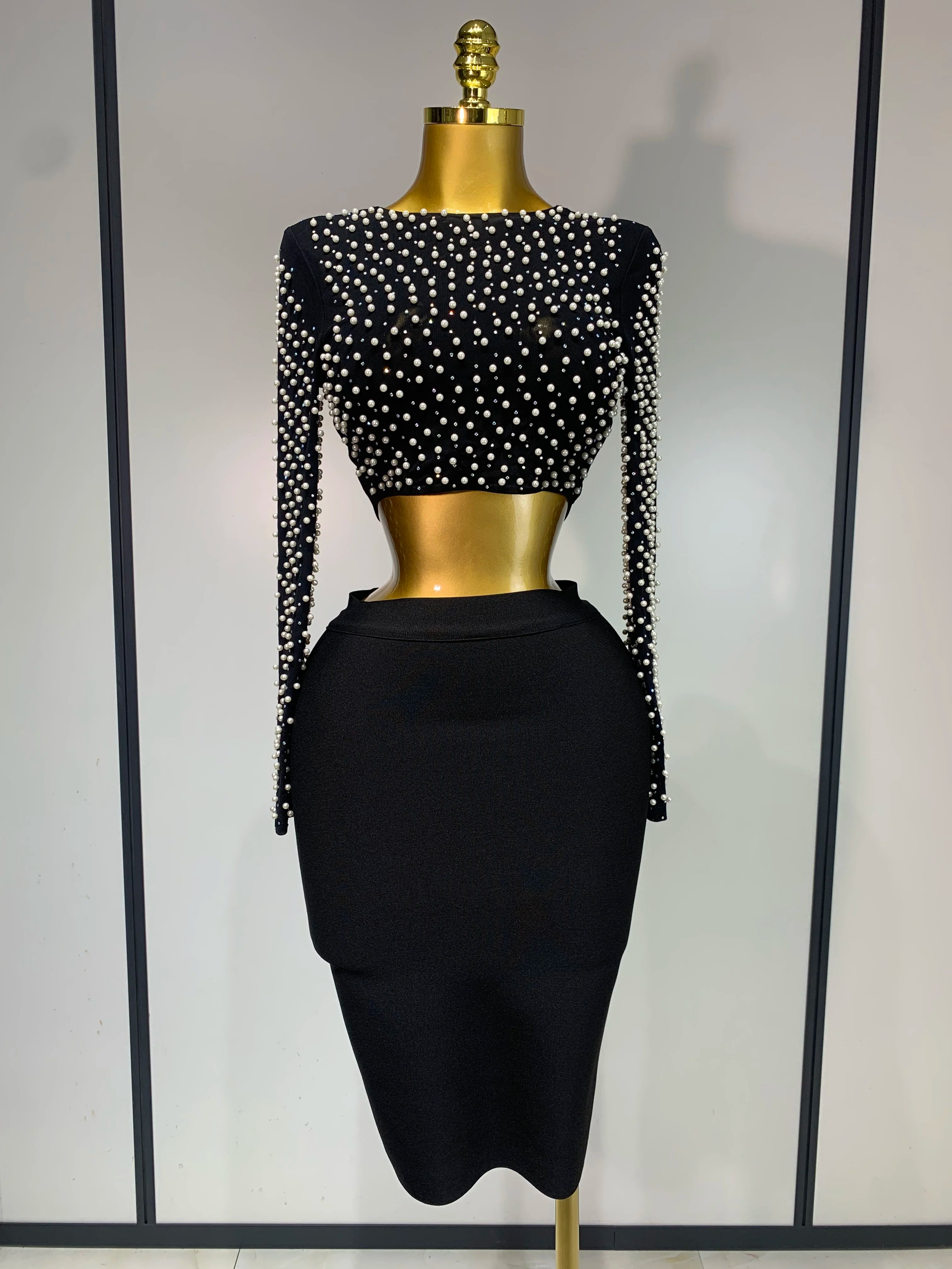 Long Sleeve Mesh Pearl Top  Midi Skirt Bandage Two Set