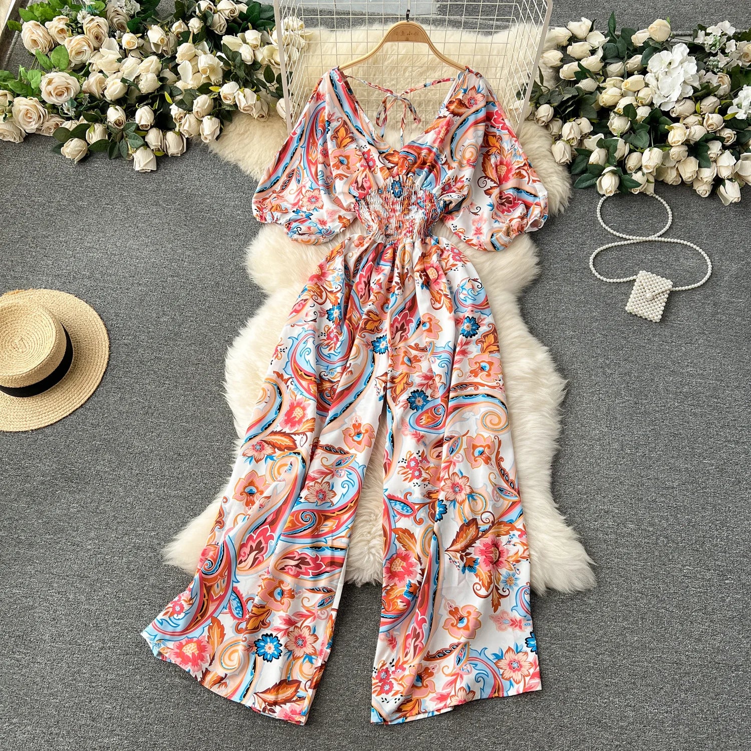 V Neck Dolman Sleeves Floral Print Wide Leg Jumpsuit