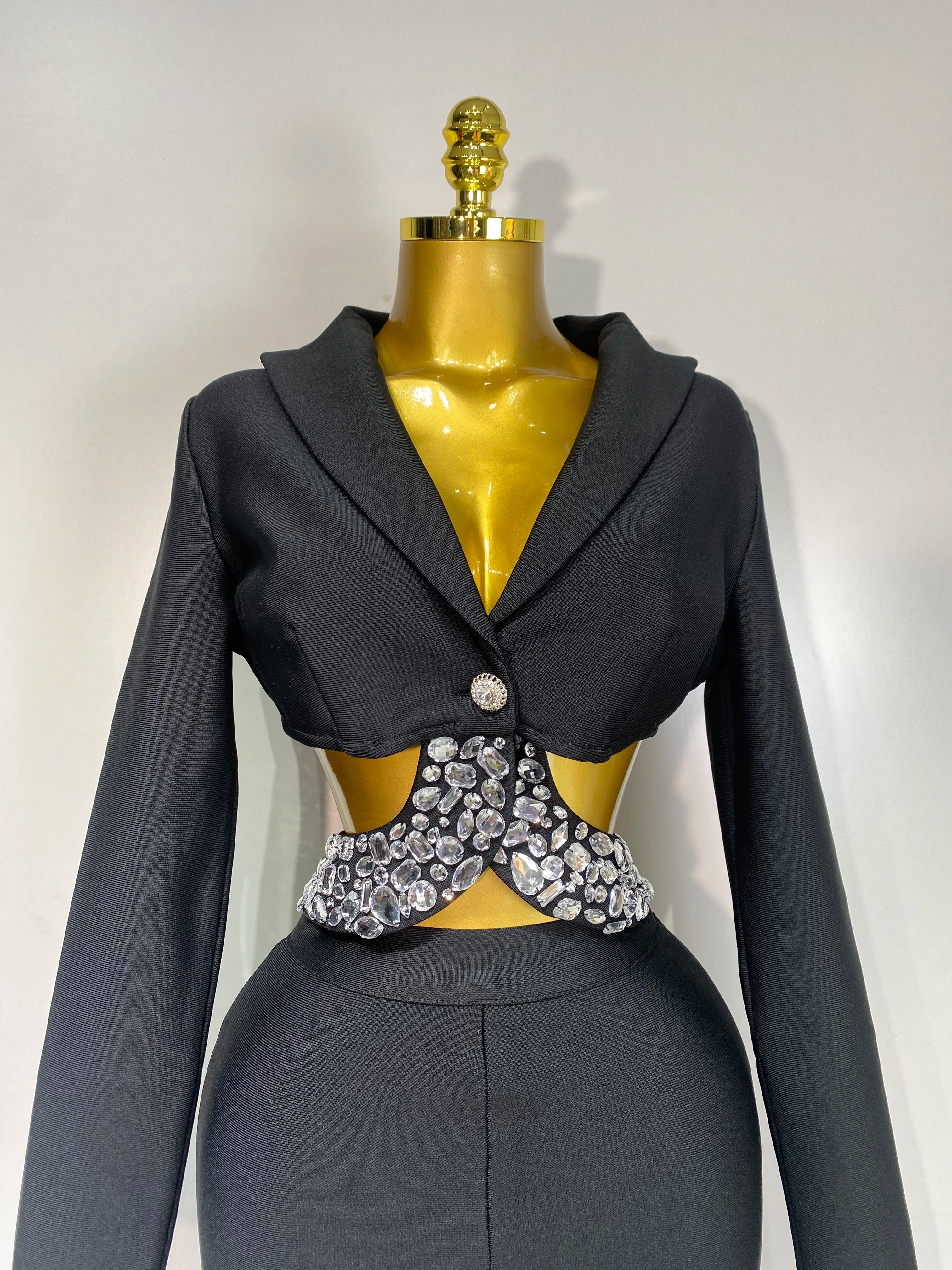 Luxury Two Piece Set Long Sleeve Beading Bodycon Top And Bandage Pants Set
