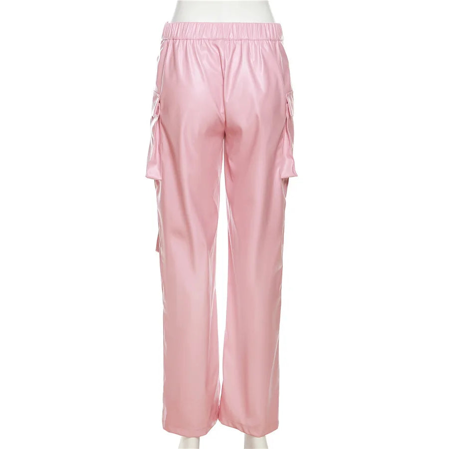 Pink Cargo Straight Leg Solid Multi-Pocket Design High Waist Pu Leather Loose Baggy Pants