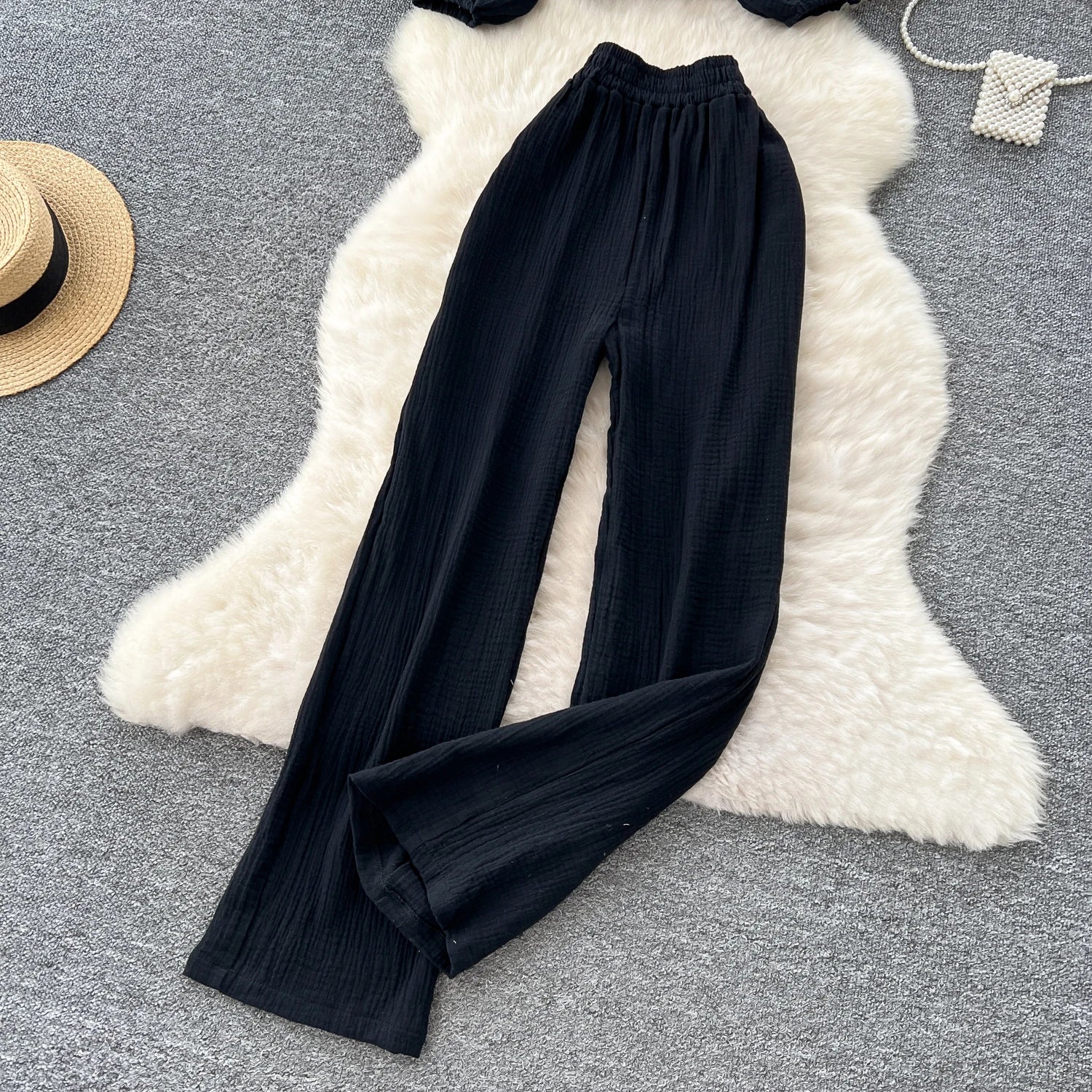 Lantern Sleeve Off Shoulder Crop Top+High Waist Wide Legs Pants Two Piece Set