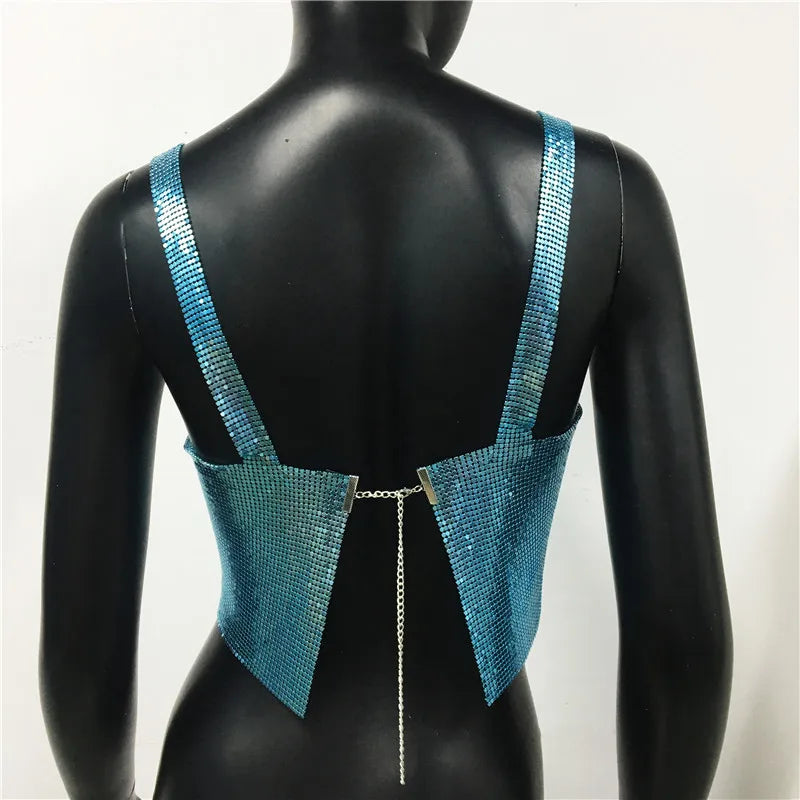 Bling Metallic Sequin Crop Top y2k Backless Straps Cropped Top