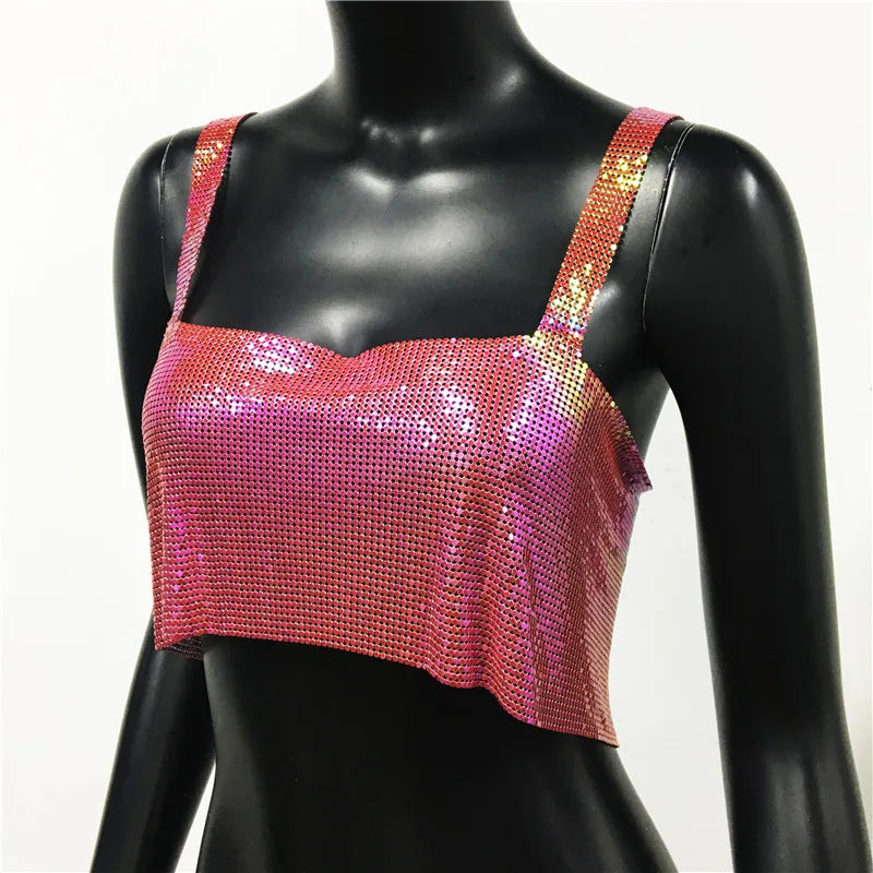 Bling Metallic Sequin Crop Top y2k Backless Straps Cropped Top