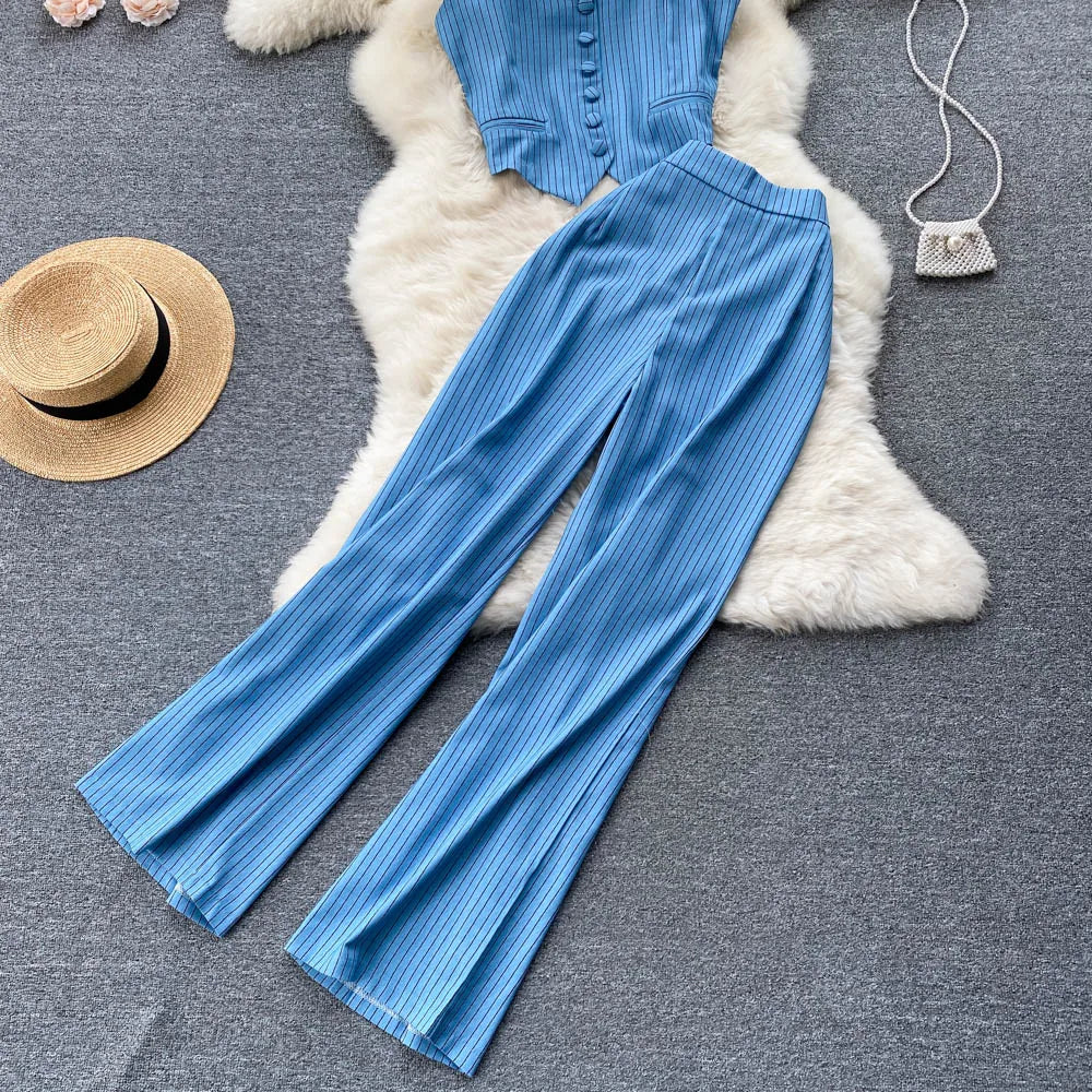 Spaghetti Strap Tops & High Waist Long Pants Two Piece Suits