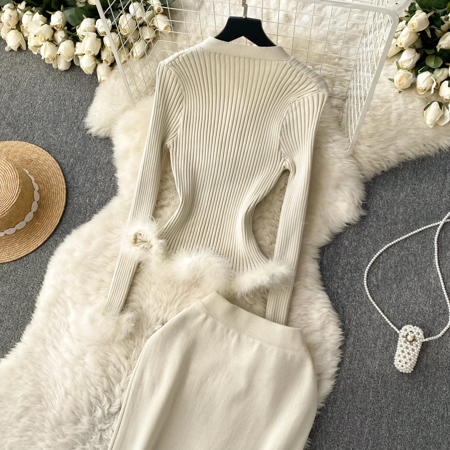 French Style Cardigan+Bodycon Skirt Knit 2pcs Sets