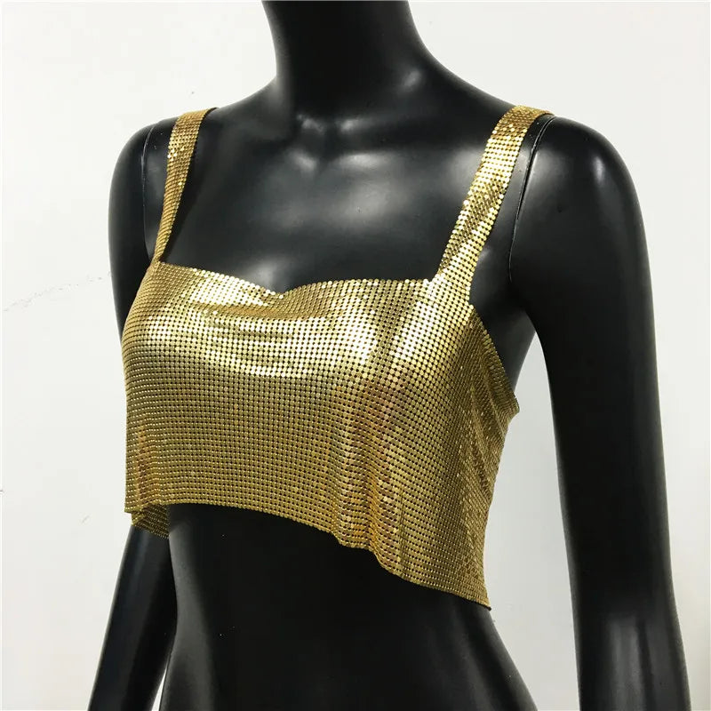 Bling Metallic Sequin Crop Top y2k Backless Straps Cropped Top