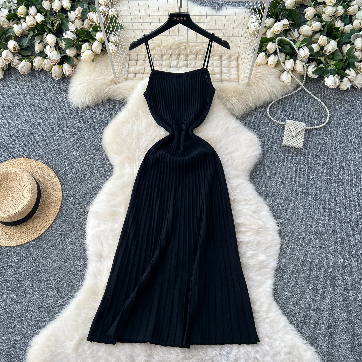 Knit Spaghetti Strap Dress Sleeveless Elastic Waist Slim Long Dress