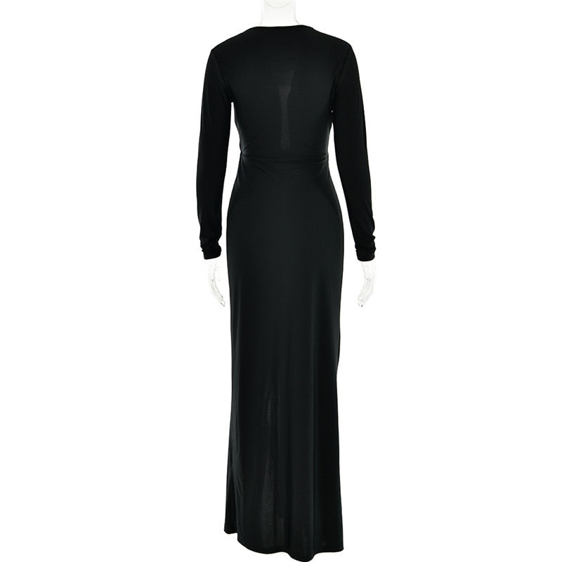 Deep V Neck Long Sleeve Split Maxi Dress