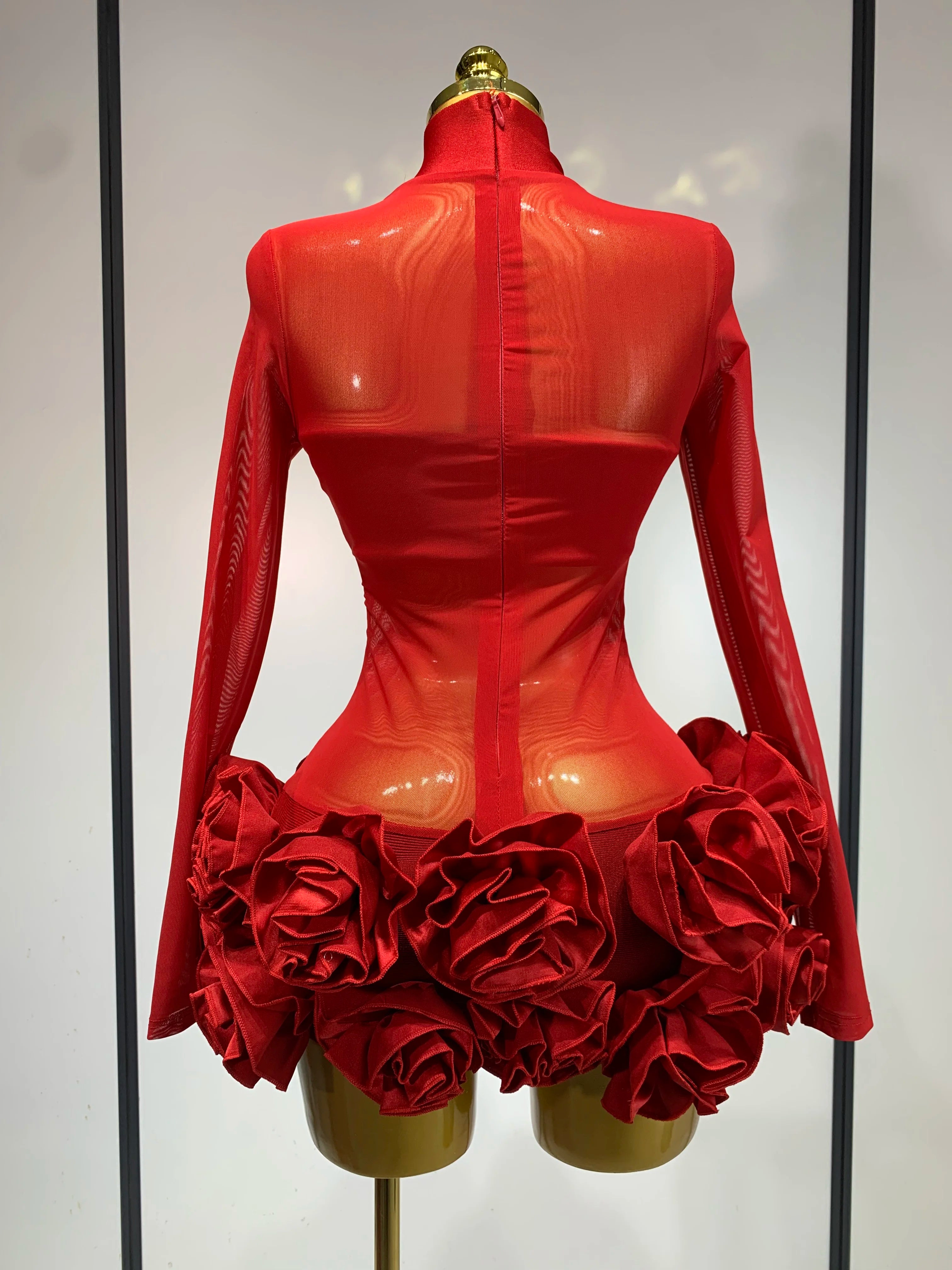 See through Mesh Stereoscopic Flowers Mini Bandage Dress