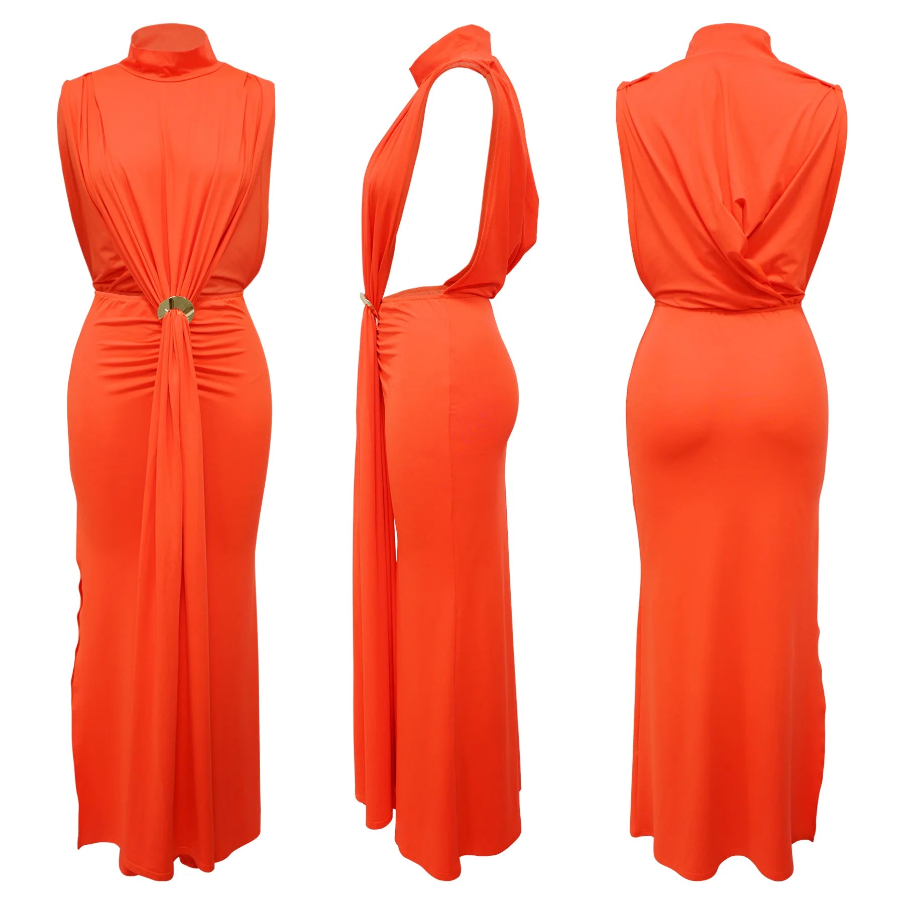 O-neck High Split Ruched Stacked Bodycon Midi Maxi Dress