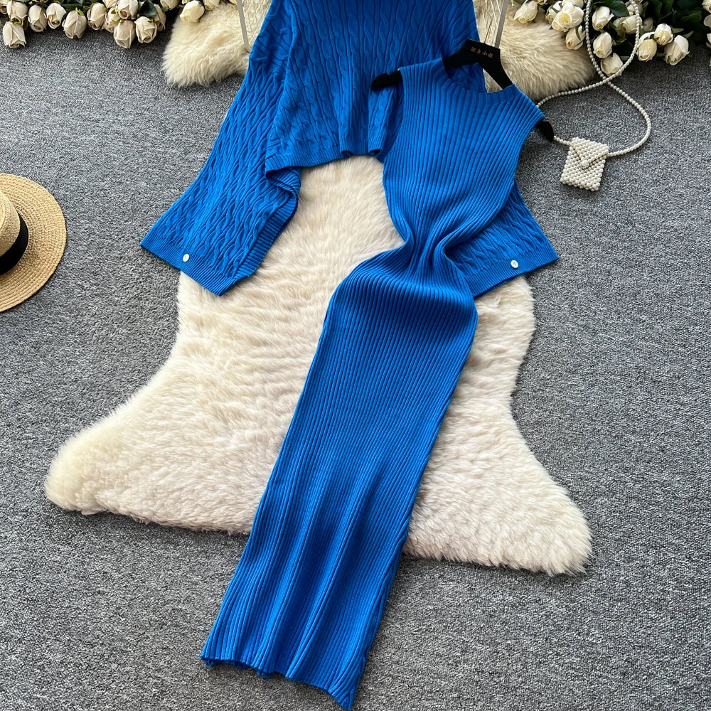 Turtleneck Sweater Suits Batwing Sleeves Short Pullovers+Bodycon Tank Dress Knitted 2Pcs Sets