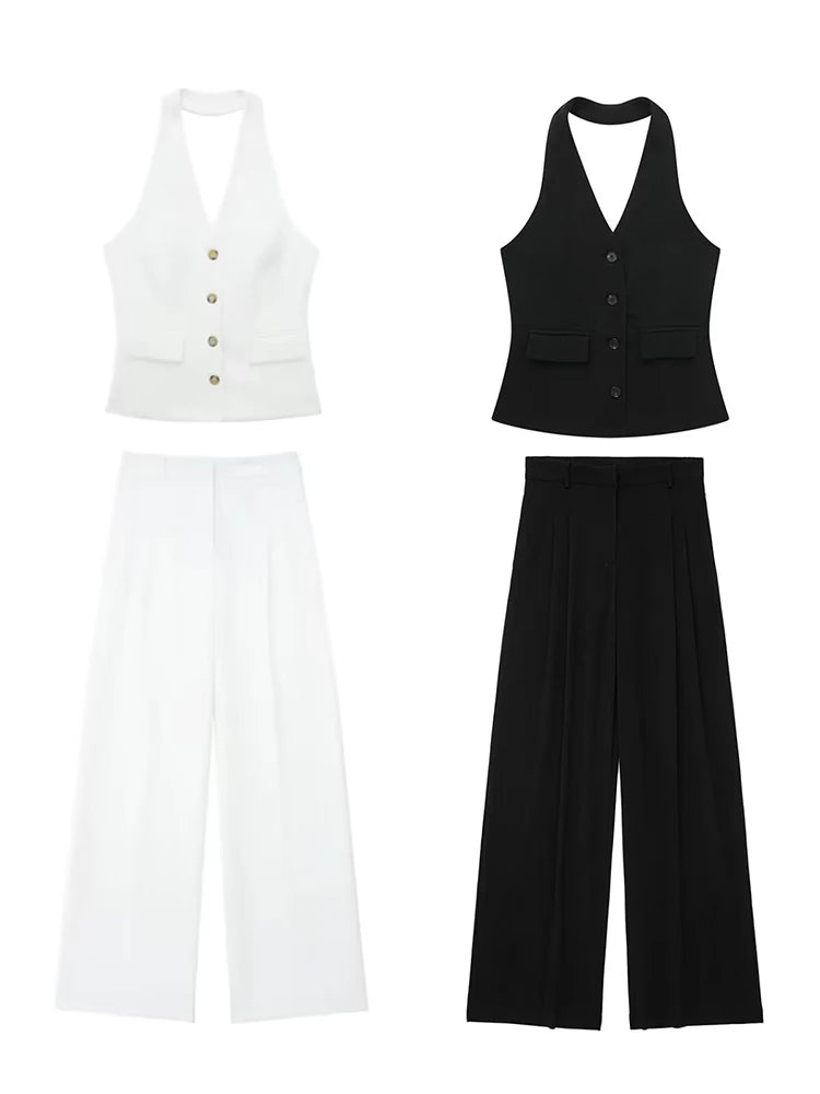 Single Breasted Vest + High Waisted Casual Trousers Set