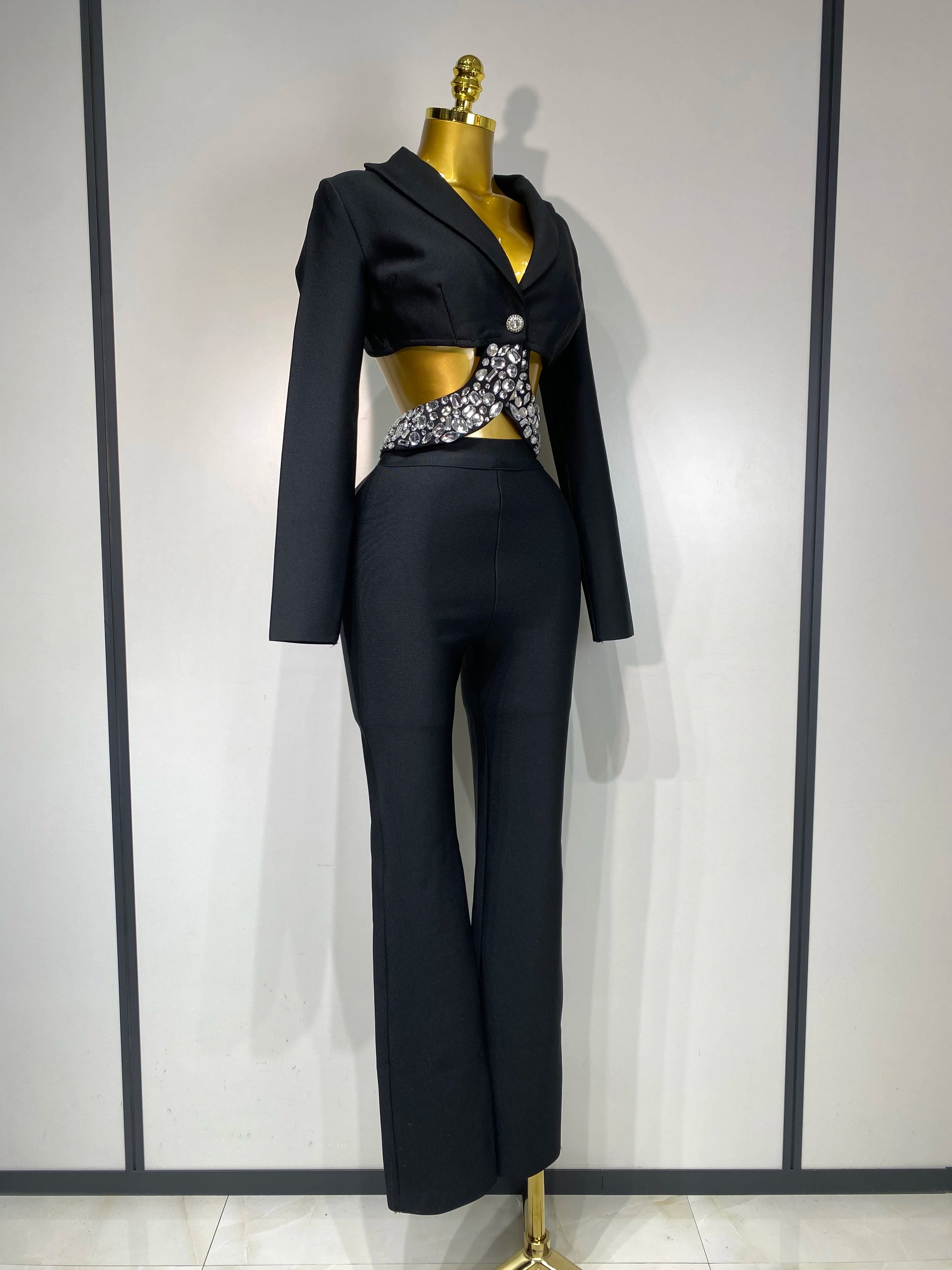 Luxury Two Piece Set Long Sleeve Beading Bodycon Top And Bandage Pants Set