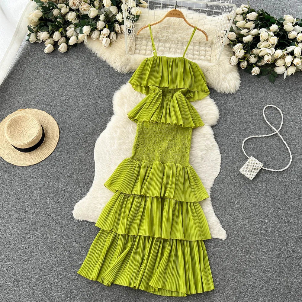 Ruffles Pleated Strapless Sleeveless Slim Dress