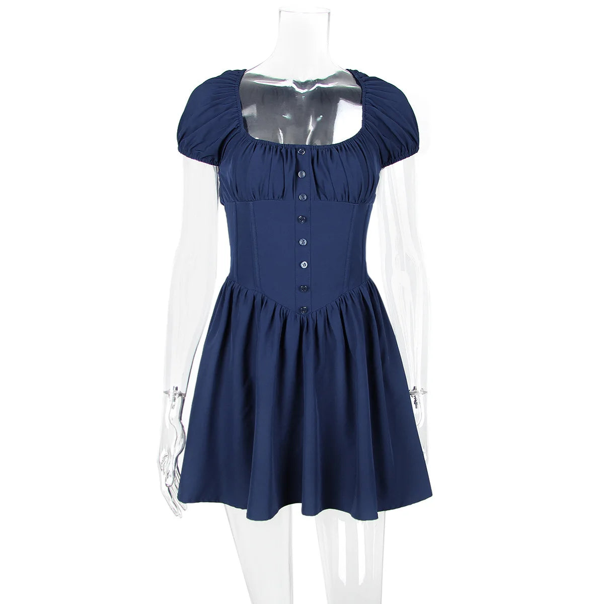 Short Sleeve Backless A-line Square Collar Pleated Mini Dress