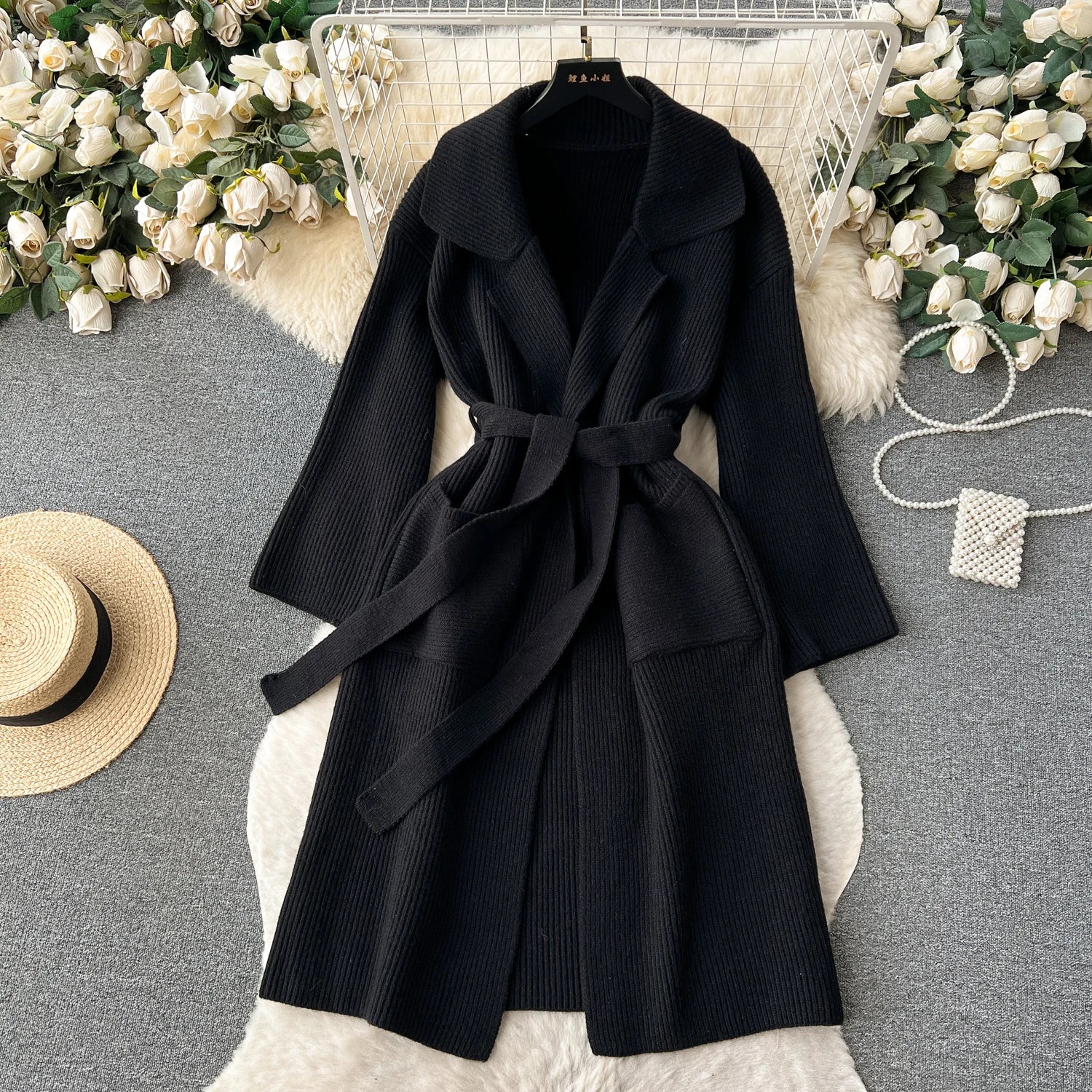 Loose Knitted Long Sleeves Lace Up Long Sweater
