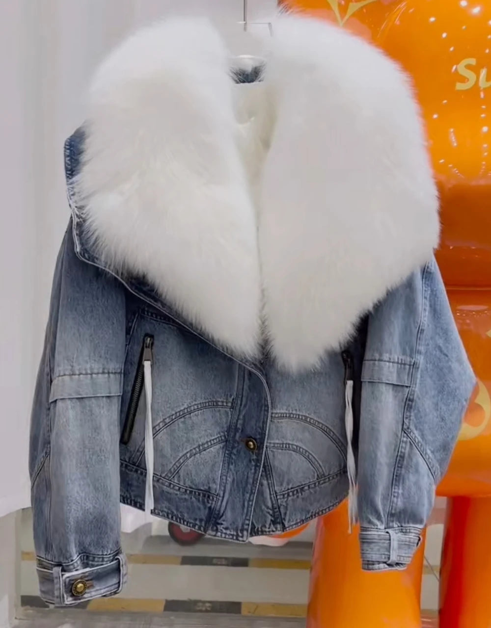 Denim Big White Fox Fur Collar Detachable Goose Down Filling Inner Lining High-End Jacket