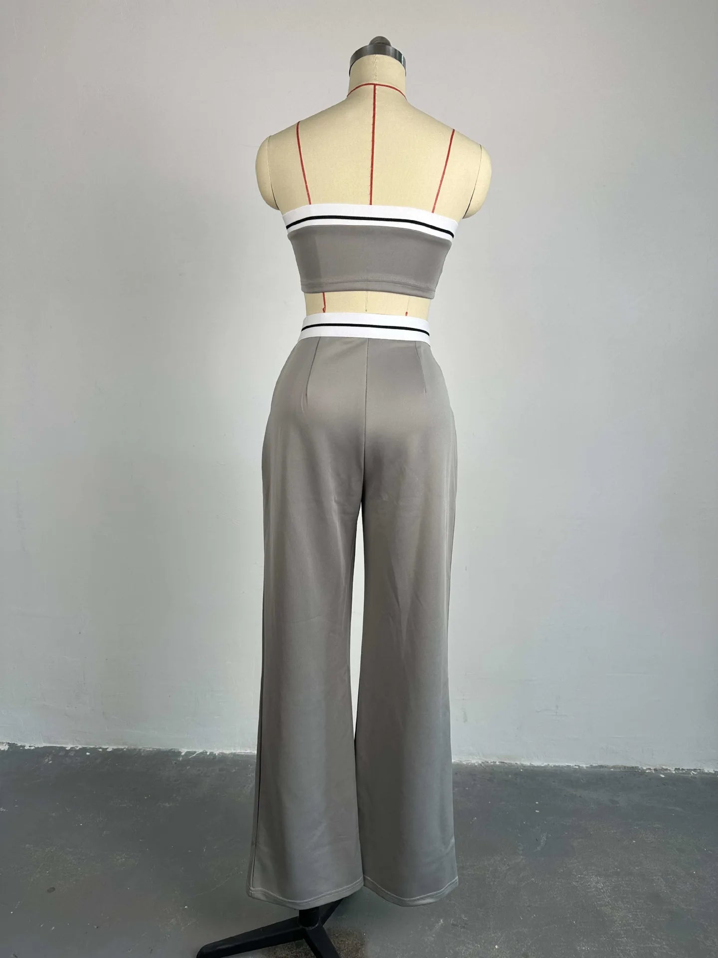 Sports Tube Top+High Waist Wide Leg 2 Piece Pant Suit