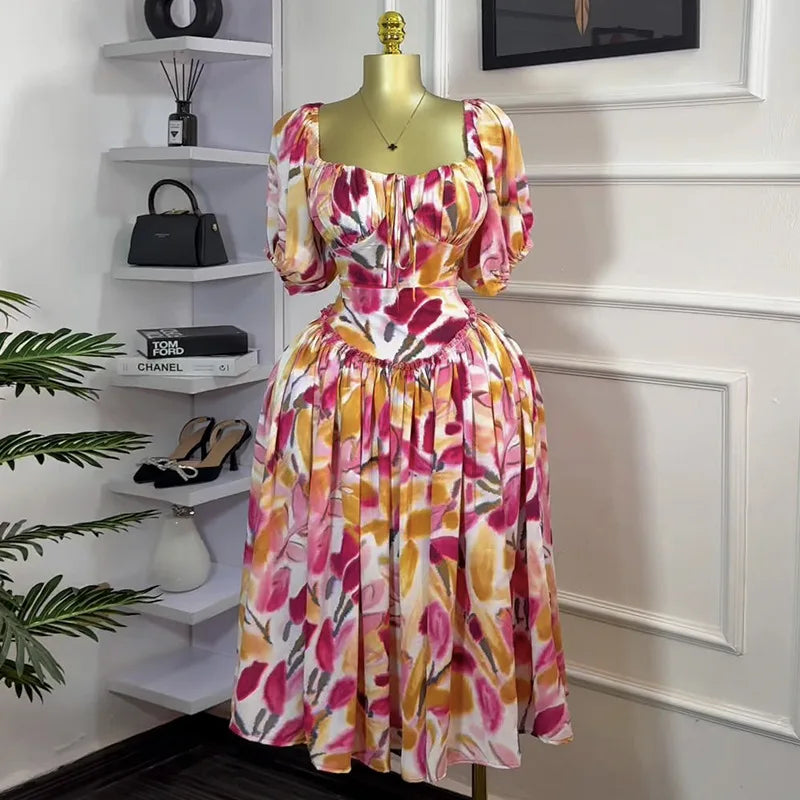 Tulip Floral Printed Lantern Short Sleeve High Waist Dresses