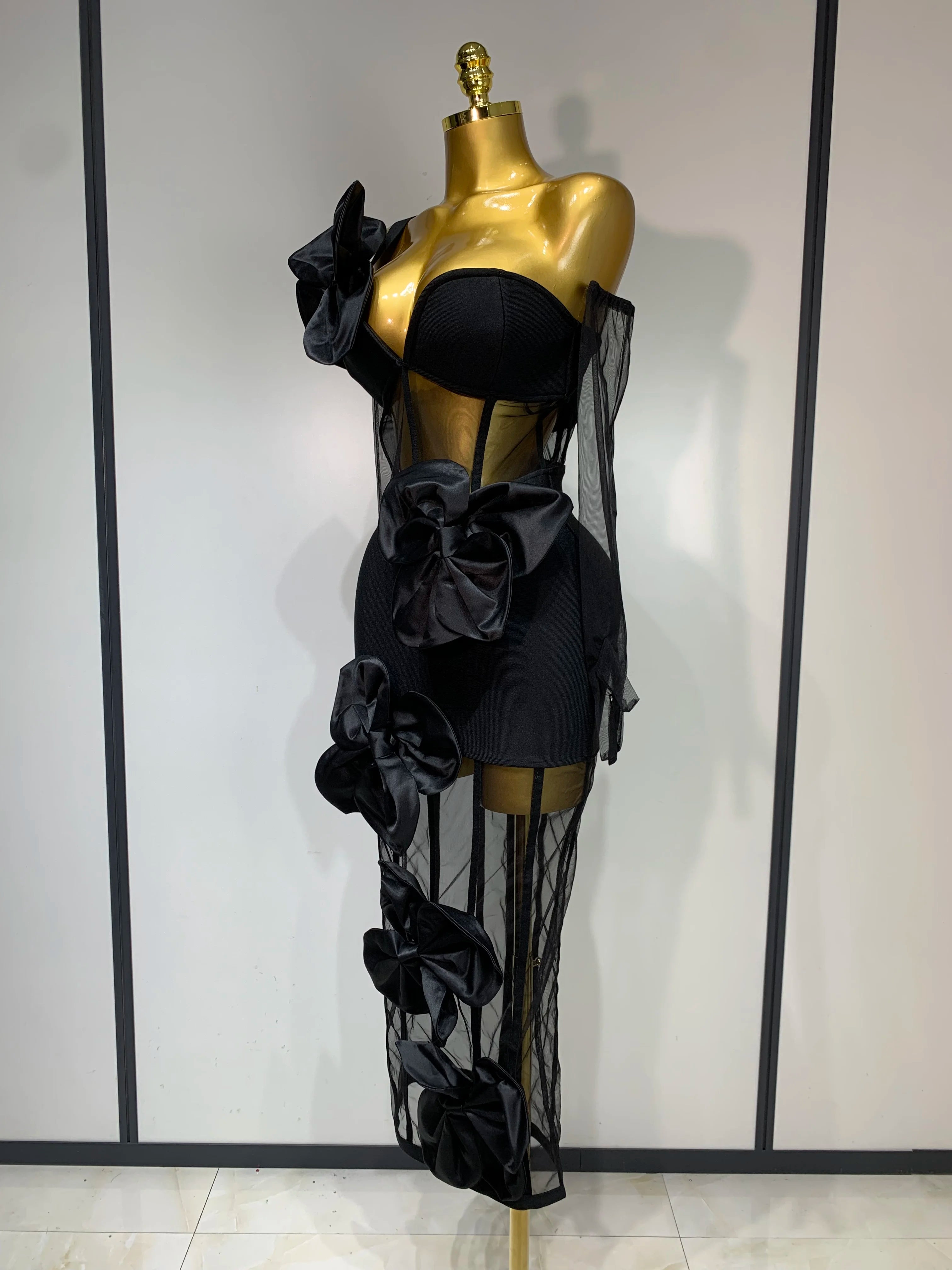 One Shoulder Bow Mesh See Through Bandage Bodycon Dress