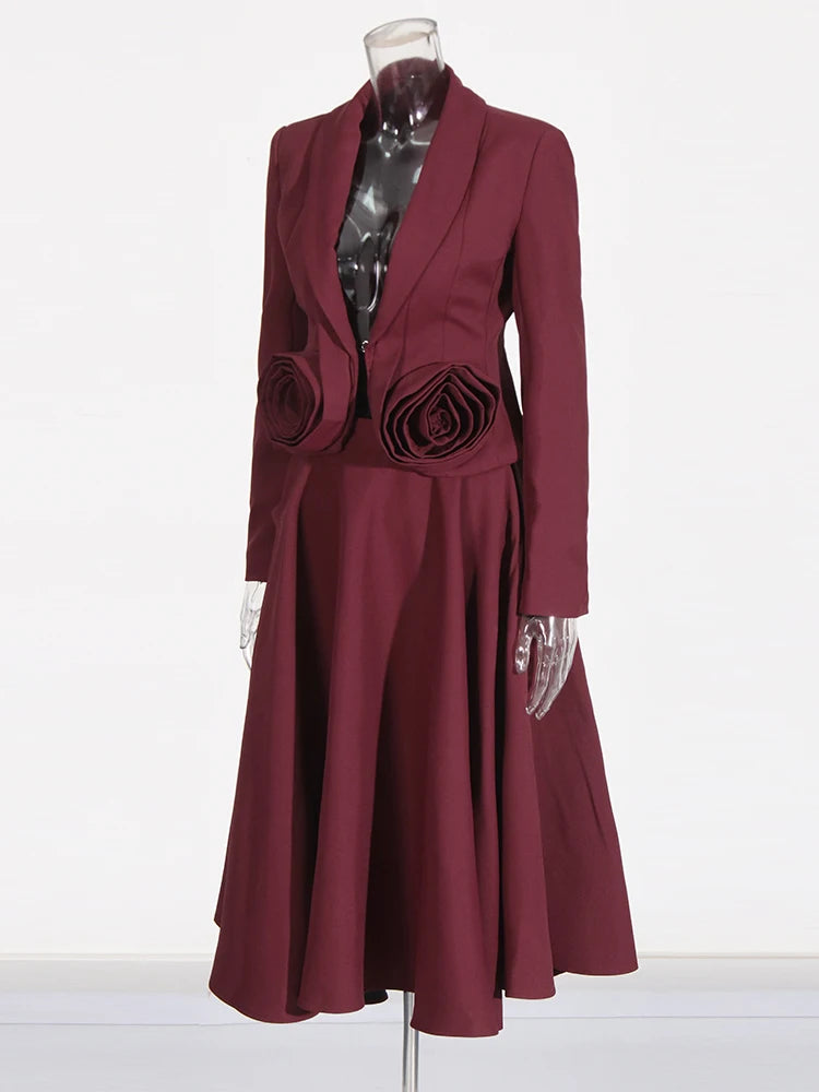 Two Piece Set Lapel Long Sleeve Spliced Appliques Coats High Waist A Line Skirt Set