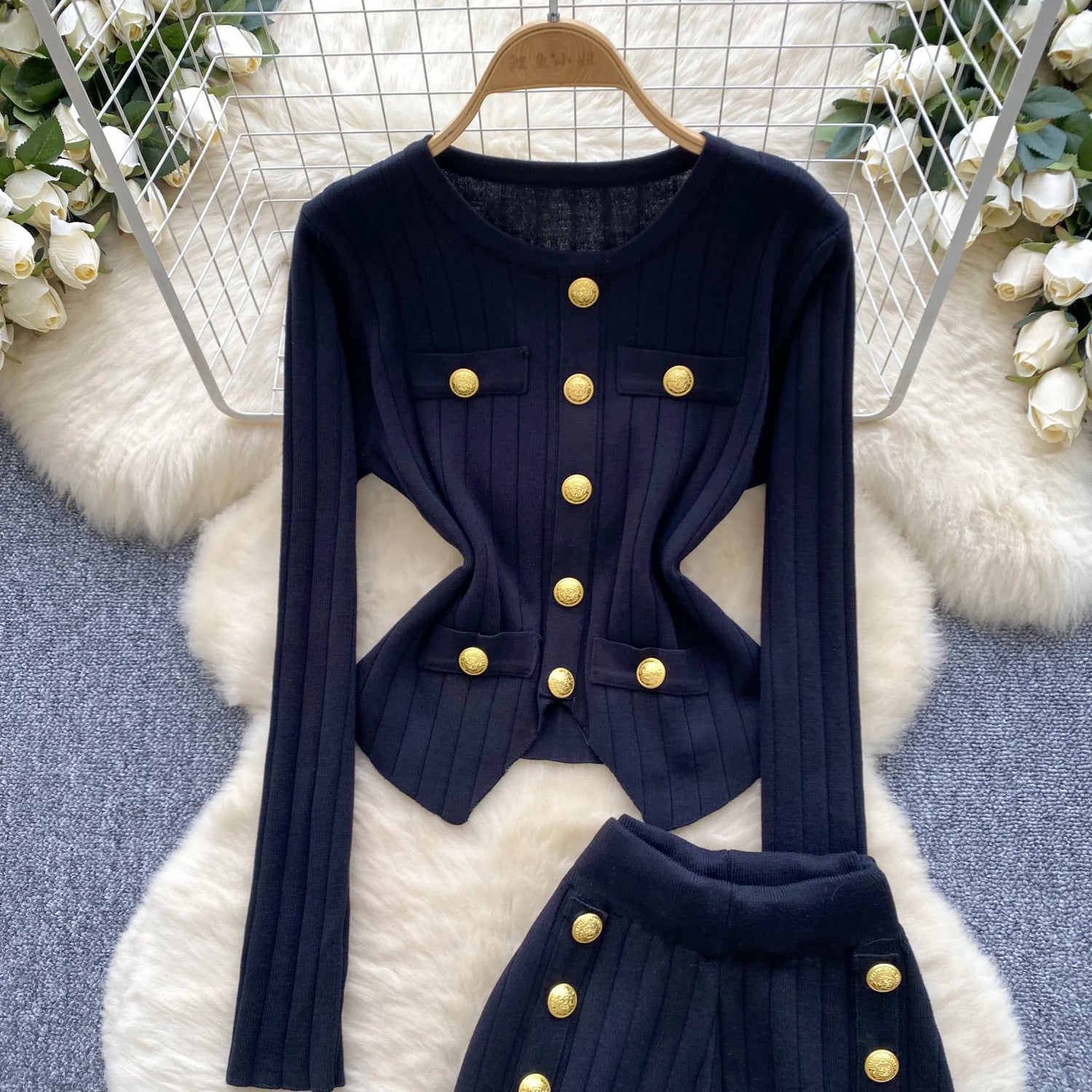 Long Sleeves Chic Buttons Pullovers+Elastic Long Pants Vintage Two Pieces Sets