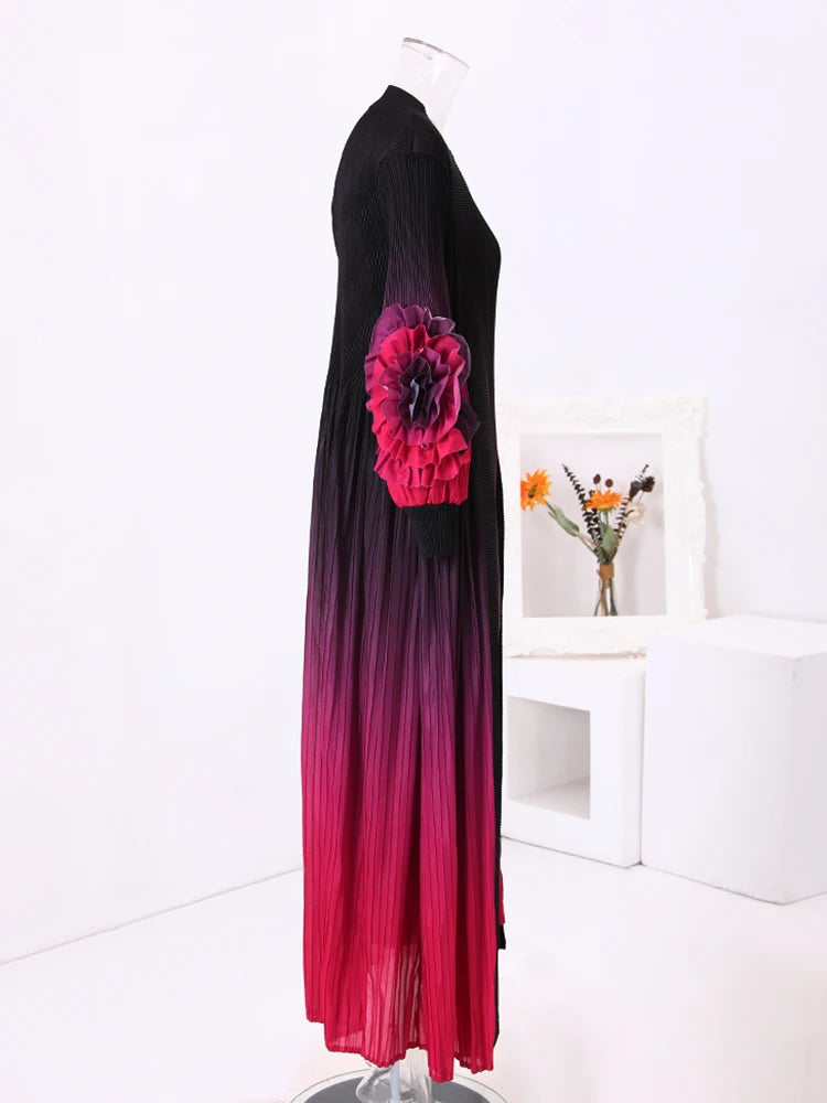 Pleated Set Gathered Waist Floral Sleeves Coat Sleeveless Long Dresses