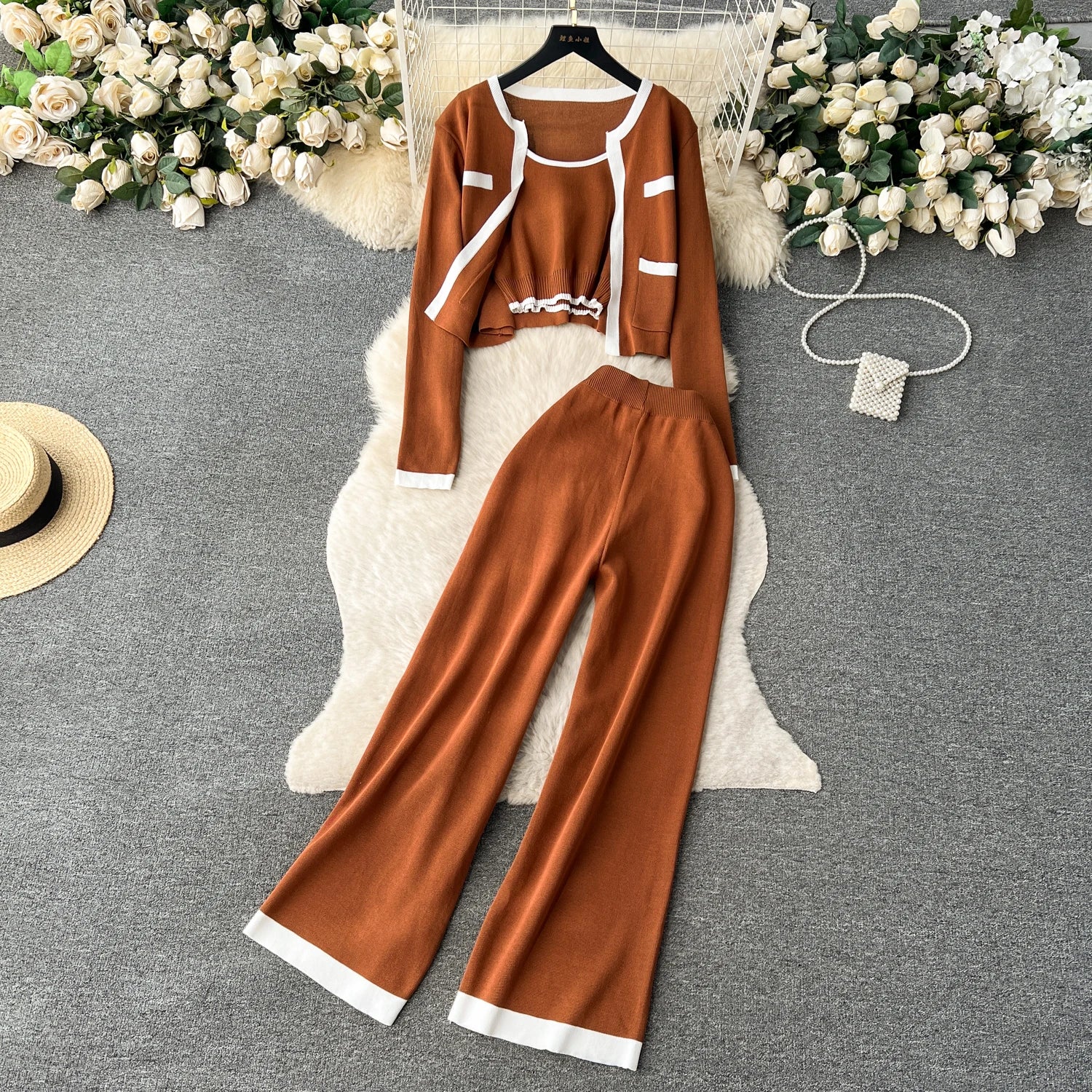Three Pieces Sets Tank Top+Long Sleeves Short Cardigan+Elastic Long Pants Set
