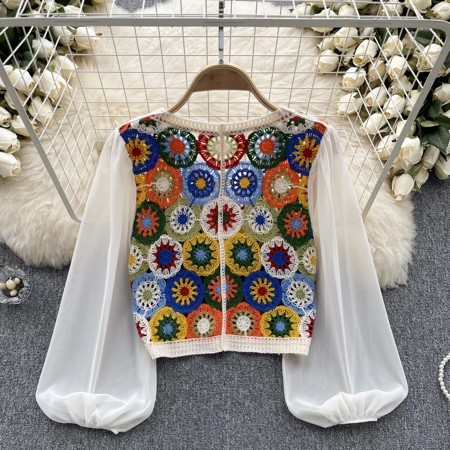 Knitting Crochet  Hollow Out Long Lantern Sleeve Blouse