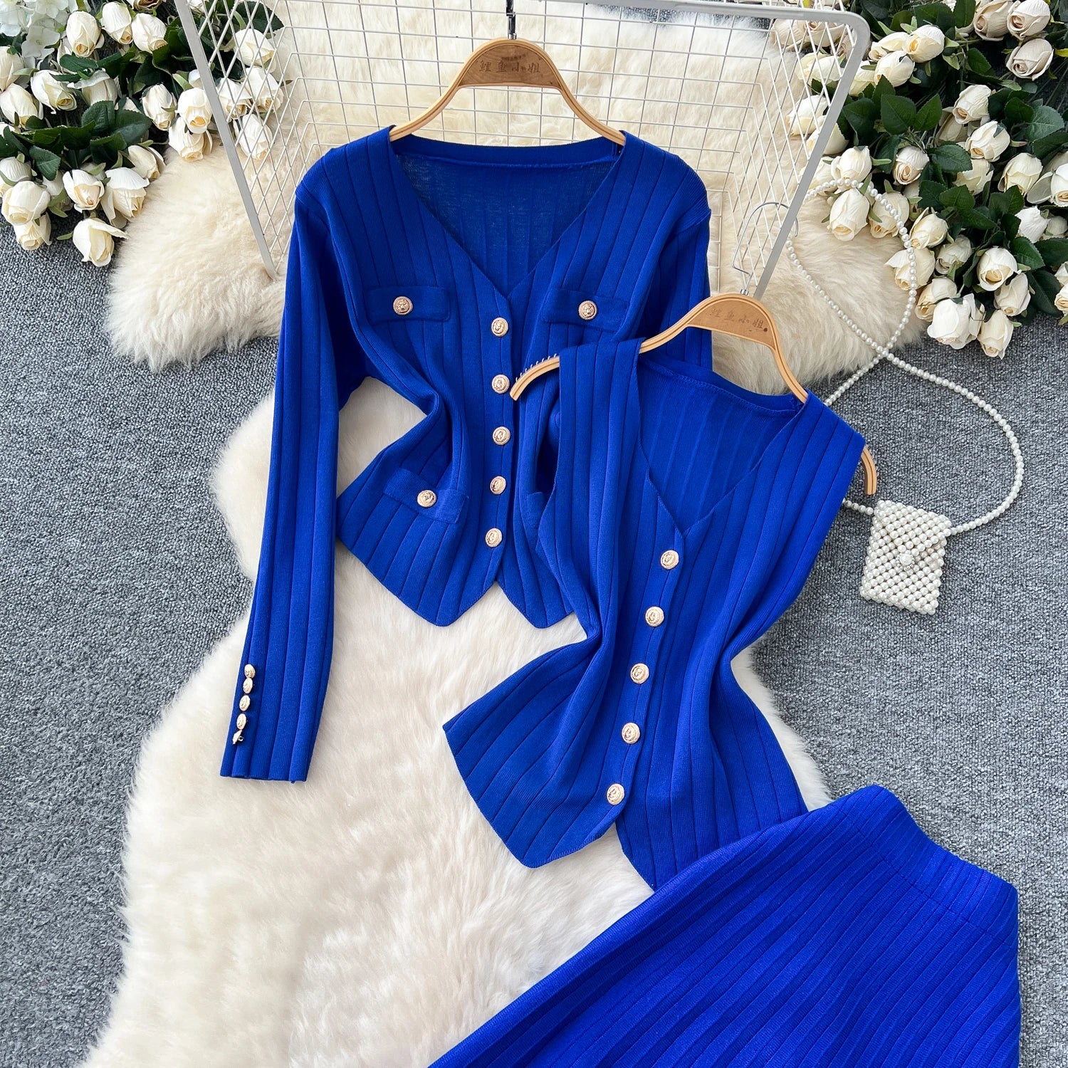 Knitted Full Sleeves Tops+Single Breasted Tank Tops+Elastic Waist Skirt  Suits